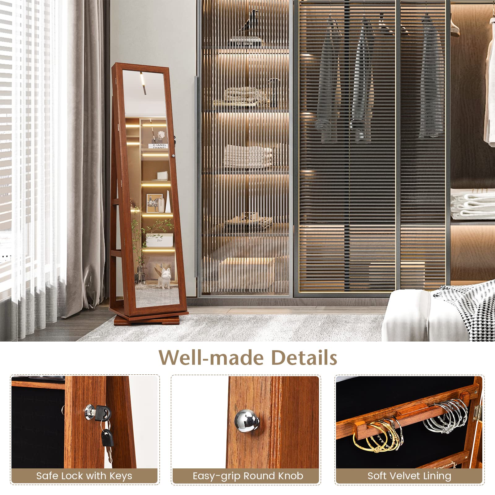 FANTASK 360° Rotating Jewelry Cabinet with Full-Length Mirror - Lockable Standing Jewelry Organizer with Inside Mirror & Rear Storage Shelves - Large Capacity Jewelry Armoire for Bedroom, Closet & Dressing Room Organization