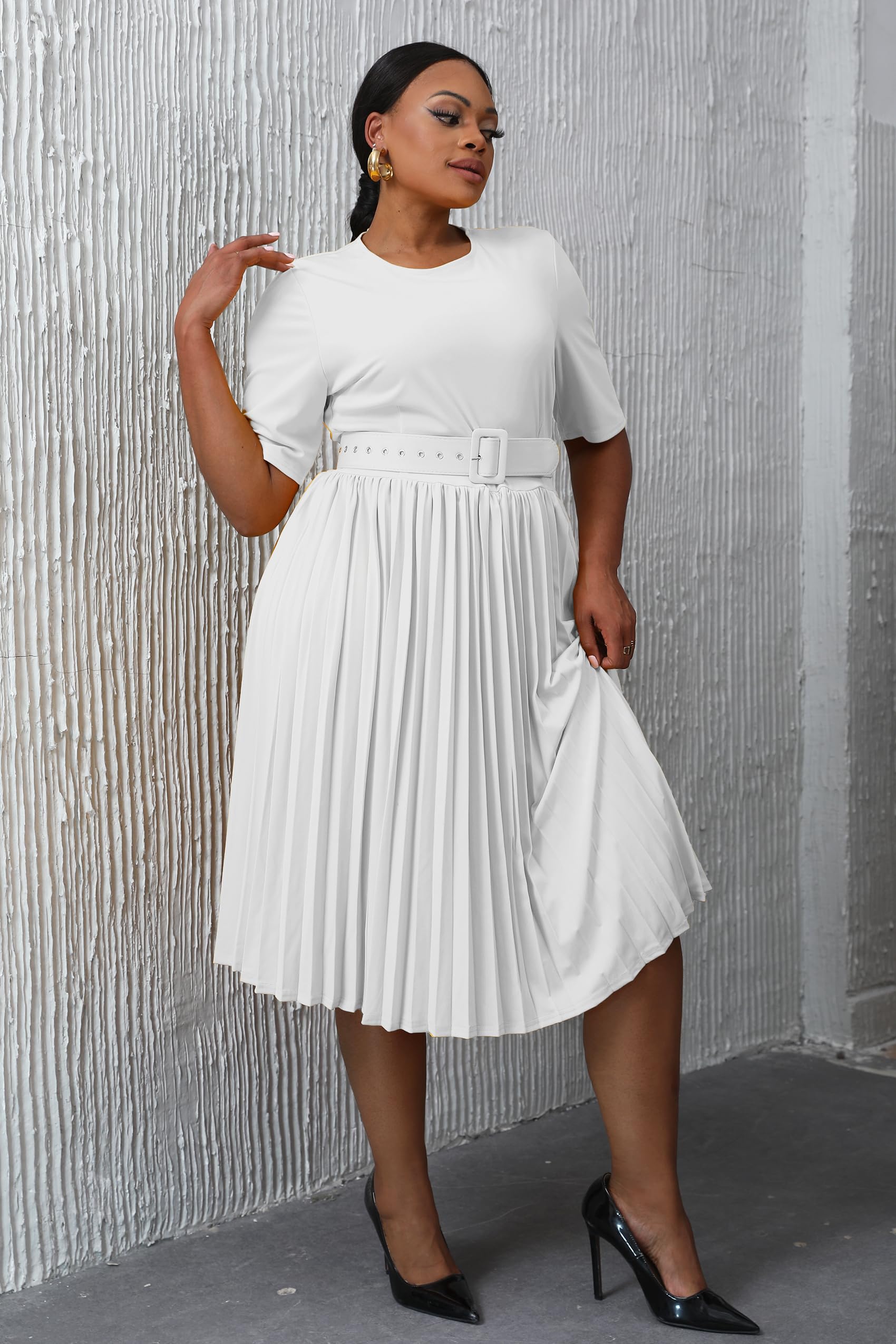 VERWIN Plus Size Women's Short Sleeve A-Line Midi Dress with Round Neck & Belt - Flattering Pleated Casual Summer Dress for Work, Party & Everyday Wear