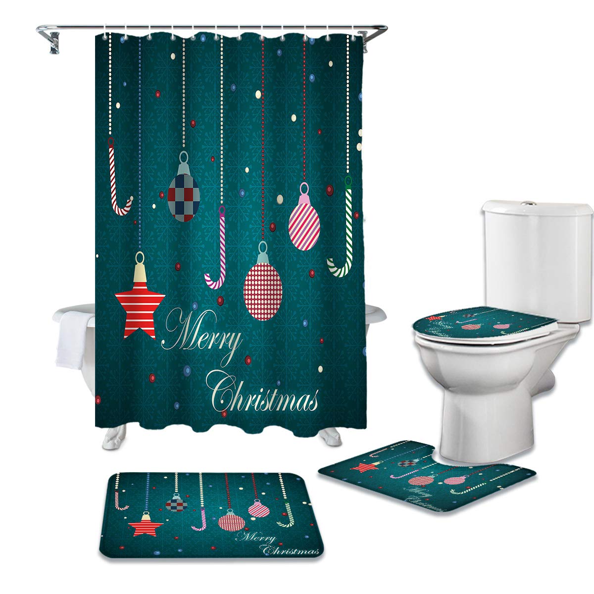4PCS Non-Slip Bathroom Mat Set - Christmas Balloon Star Snowflake Decor for Shower, Toilet & Bath - Water Absorbent Bath Mats, Shower Curtain & Toilet Seat Cover - Perfect for Holiday Home Decor & Gift Giving