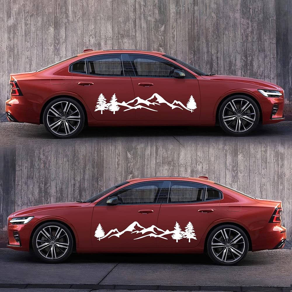 2Pcs Black Mountain Tree Forest Car Side Body Stickers - Custom PVC Graphic Decals for Cars, Trucks & SUVs - Waterproof & Durable Vinyl Decals for Outdoor Adventure & Off-Road Enthusiasts