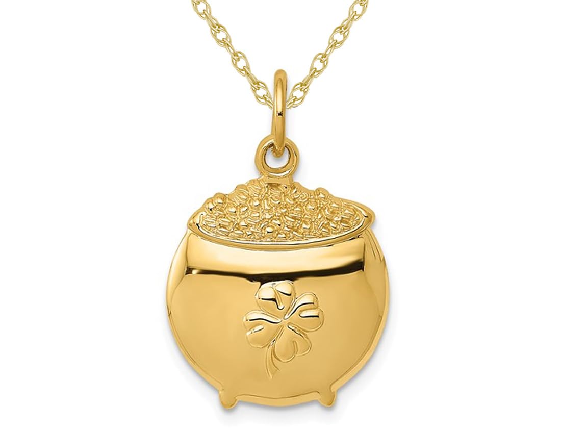 14K Yellow Gold Pot of Gold Charm Pendant Necklace with 18