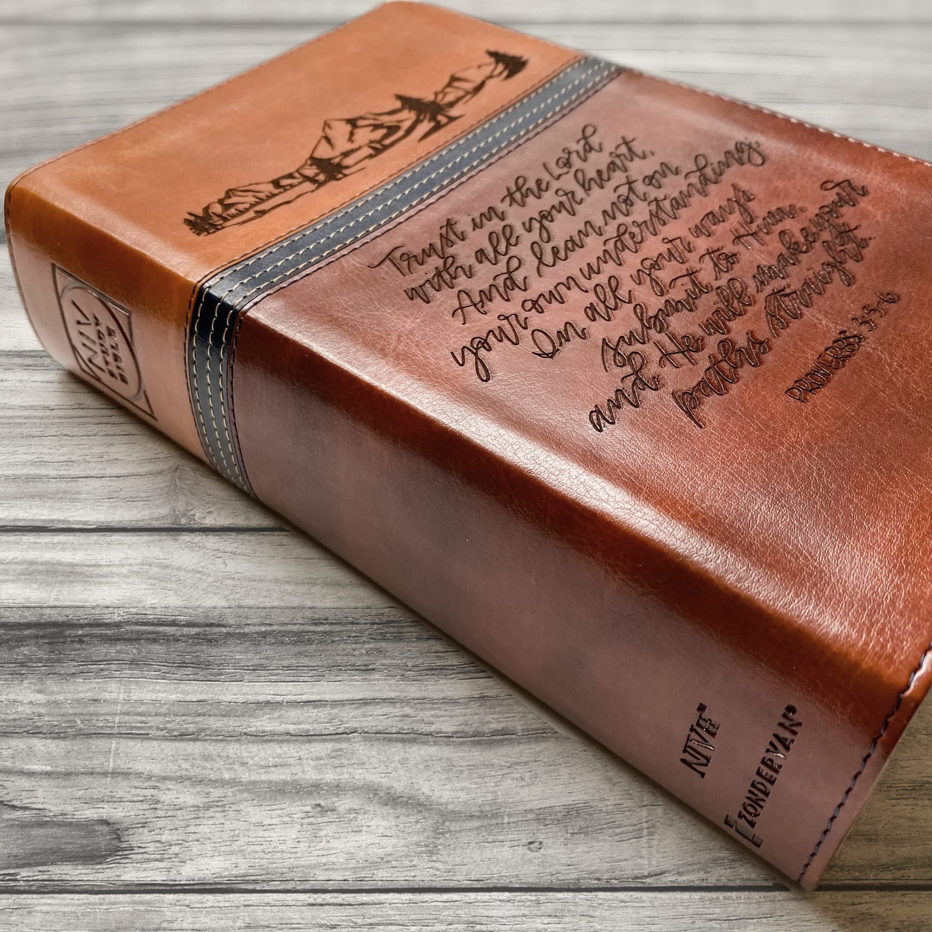 NIV Study Bible - Brown & Blue Hand-Illustrated Laser-Engraved Personalized Gift with Custom Name Engraving for Birthday, Graduation, Baptism, Wedding, Anniversary | Perfect for Bible Study, Church Services & Special Occasions