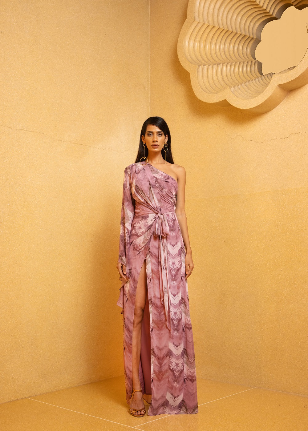 Elegant Lilac Floss Print One Shoulder Slit Draped Dress for Women | Summer Party Cocktail Evening Gown | Perfect for Weddings, Date Nights & Special Occasions