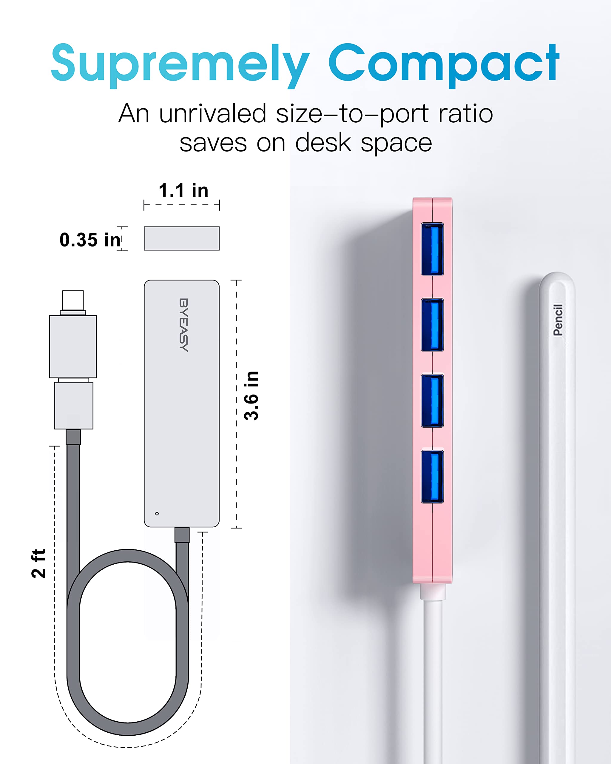 BYEASY 4-Port USB C Hub to USB 3.0 Adapter with 2ft Extended Cable - Ultra Slim Portable USB Splitter for MacBook, iMac, PC, PS4, Surface Pro, XPS | Expand Connectivity for Laptops, Gaming Consoles & Office Workstations