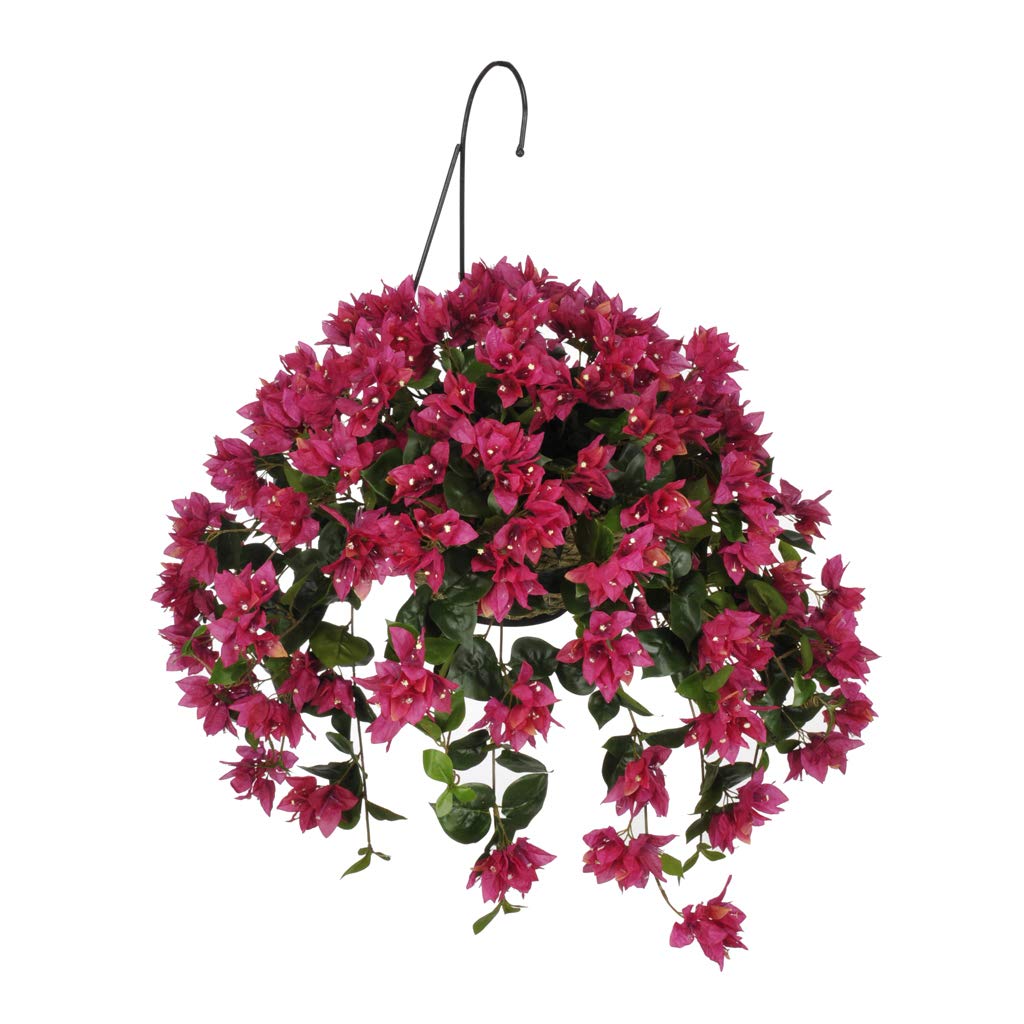 Artificial Violet & Fuchsia Bougainvillea Silk Flowers in White Water Hyacinth Hanging Basket - Perfect for Patio Decor, Wedding Centerpieces & Home Garden Decoration