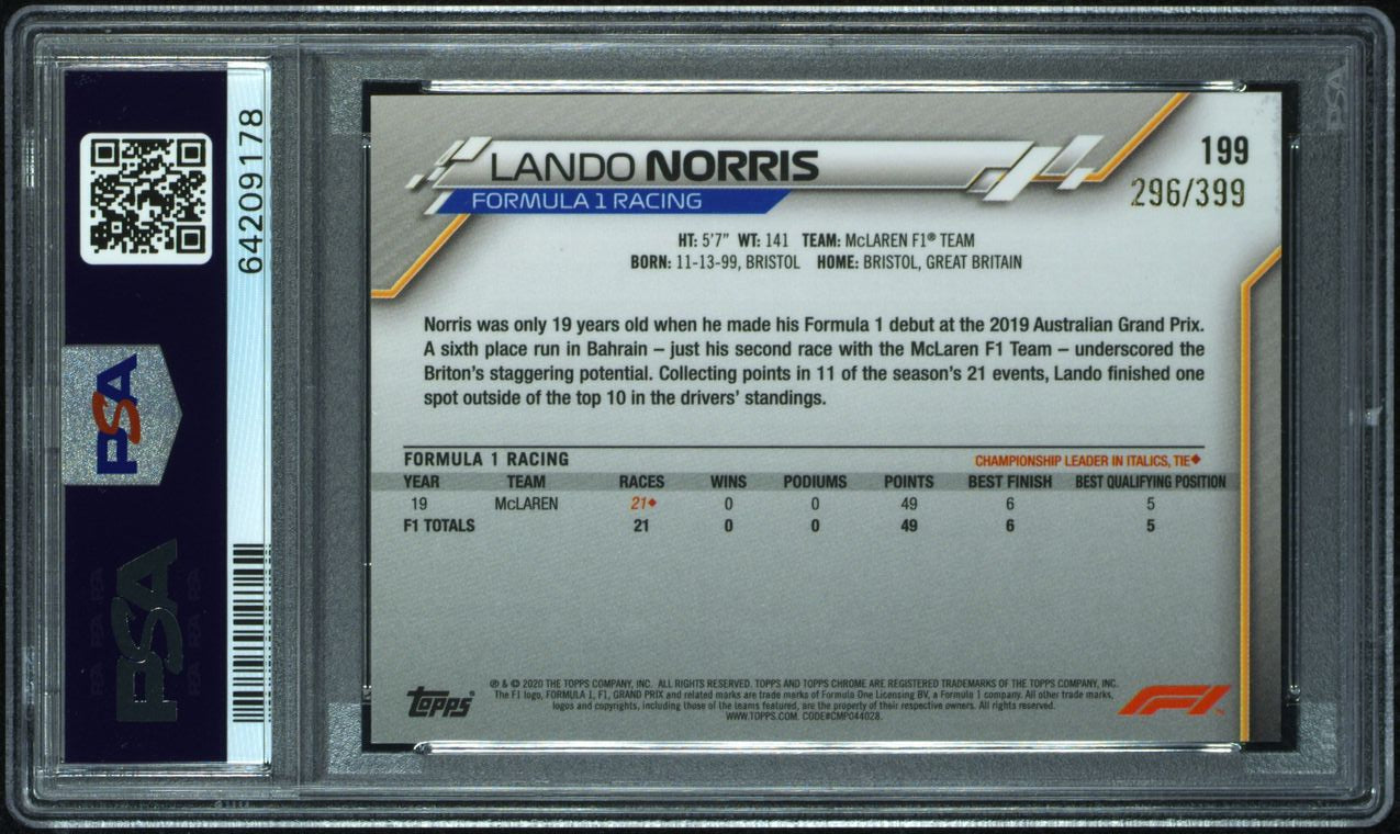 PSA 9 Lando Norris #199 Purple Refractor Rookie Card 296/399 - Collectible Trading Card for F1 Fans, Perfect for Display & Investment