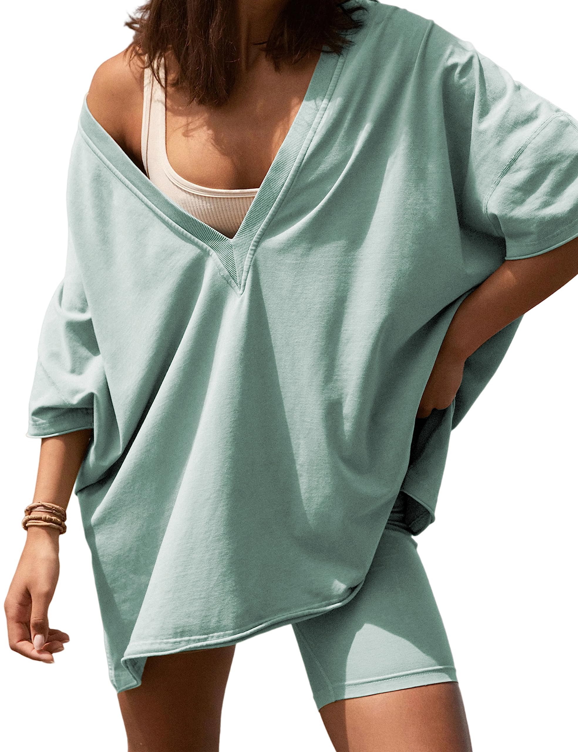 Women's 2-Piece Summer Outfit Set - Oversized V-Neck T-Shirt & Biker Shorts Matching Workout Clothes | Gym, Yoga, Running & Casual Wear