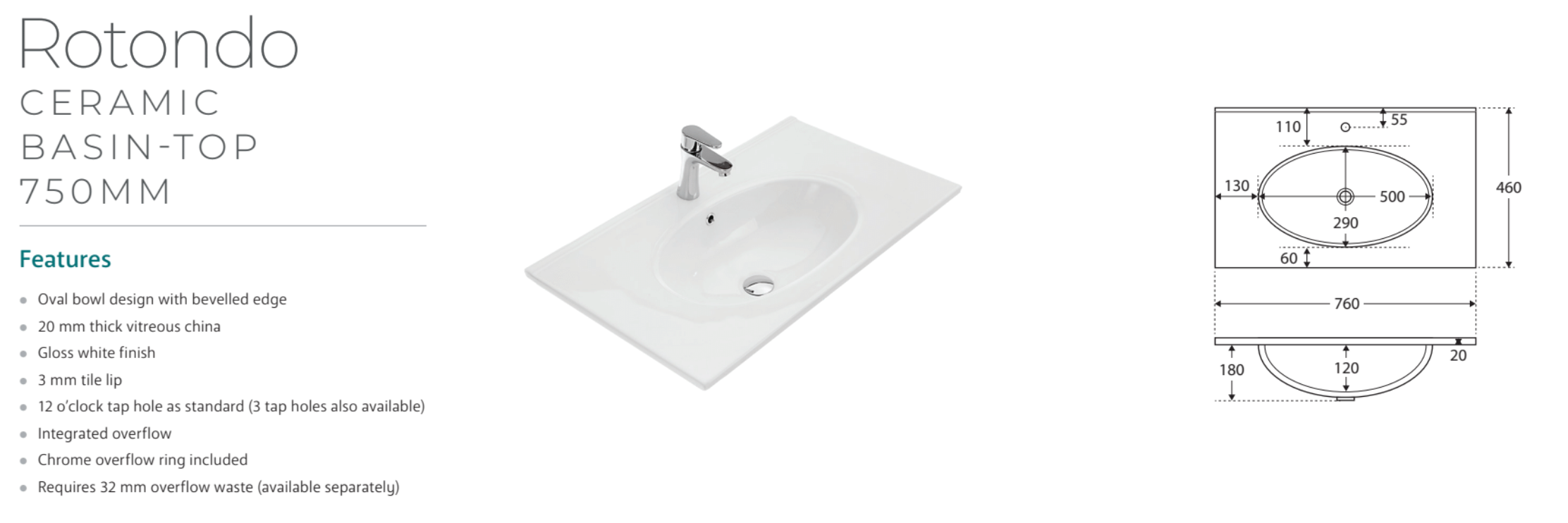 Fienza ROT75RW Rotondo Alina White 750 Wall Hung Vanity - Modern Bathroom Sink Cabinet with Soft-Close Doors, Perfect for Small Spaces & Powder Rooms