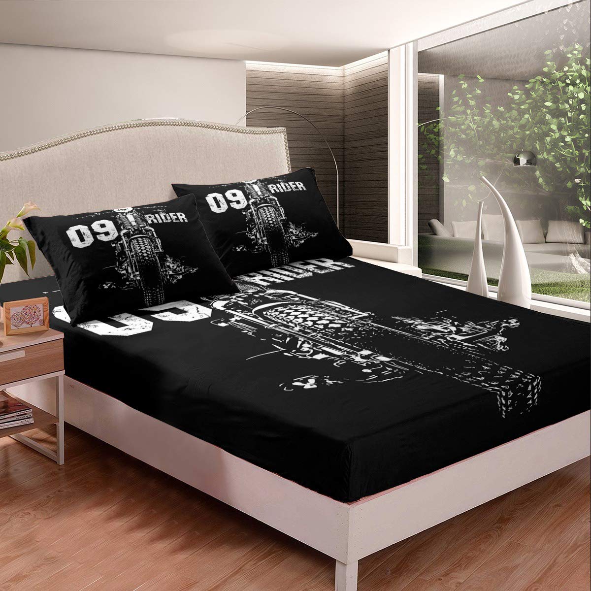 Cool Black Motorcycle Racing Fitted Sheet Set for Kids & Teens - Twin XL Size, Breathable Microfiber, 2-Piece Duvet Set (1 Fitted Sheet + 1 Pillowcase) - Perfect for Boys & Girls Bedrooms, Dorm Rooms, and Themed Decor