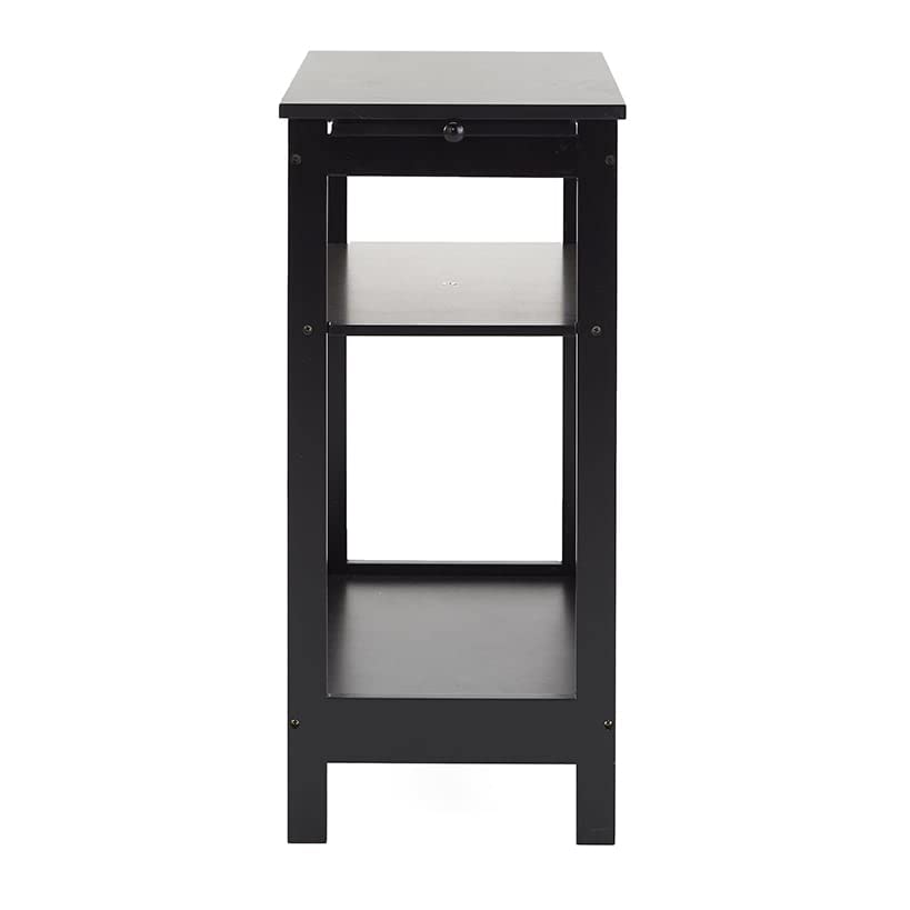 Compact Side Accent Table with Sliding Pull Tray & Shelf - Small Space End Table for Living Room, Bedroom, Office - Black Wood Nightstand for Home Decor