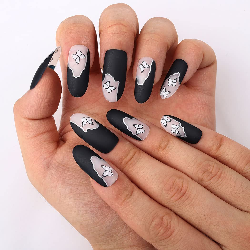 24PCS Black Matte Press On Nails Long Oval Fake Nails with Butterfly French Design - Full Cover Acrylic Nail Tips for Women & Girls | Perfect for Parties, Weddings & Daily Manicure