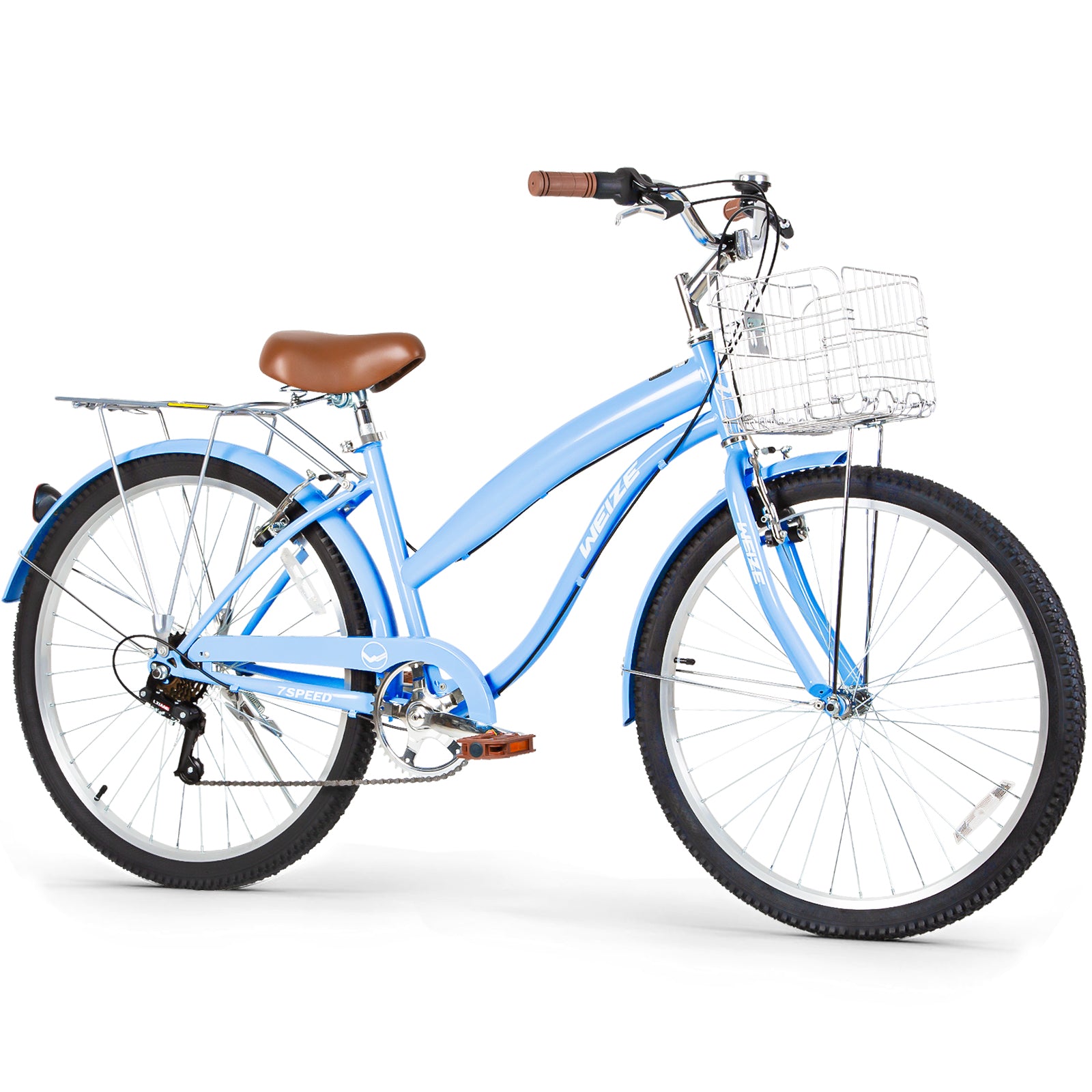 WEIZE 26 Inch Blue Beach Cruiser Bike for Adults - 7 Speed Comfortable Commuter Bicycle with Padded Seat - Perfect for Beach Rides, City Commuting & Leisure Cycling