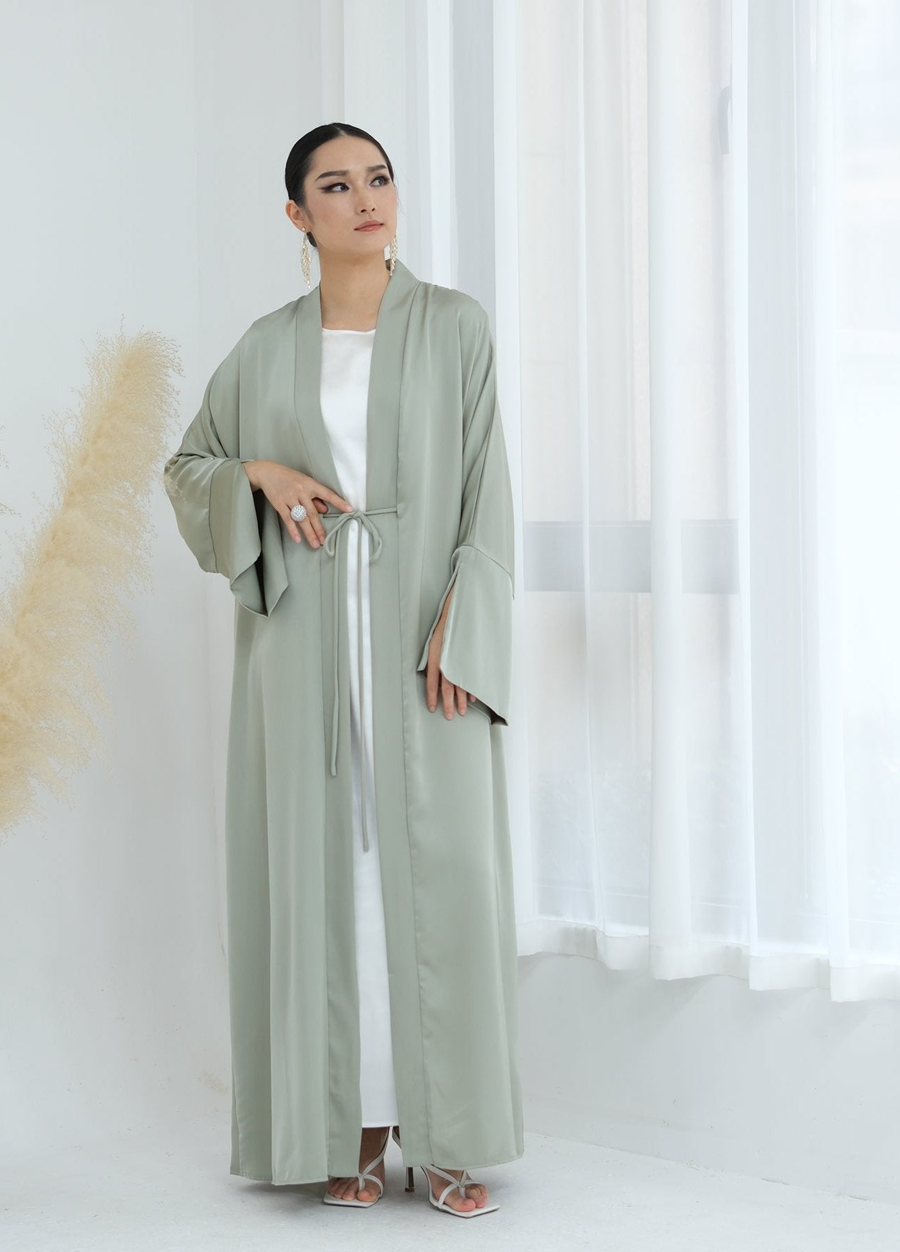 Lavinia Satin Open Abaya for Women - Elegant Long Flowy Prayer Dress - Sage Green Islamic Modest Wear for Mosque, Eid & Special Occasions