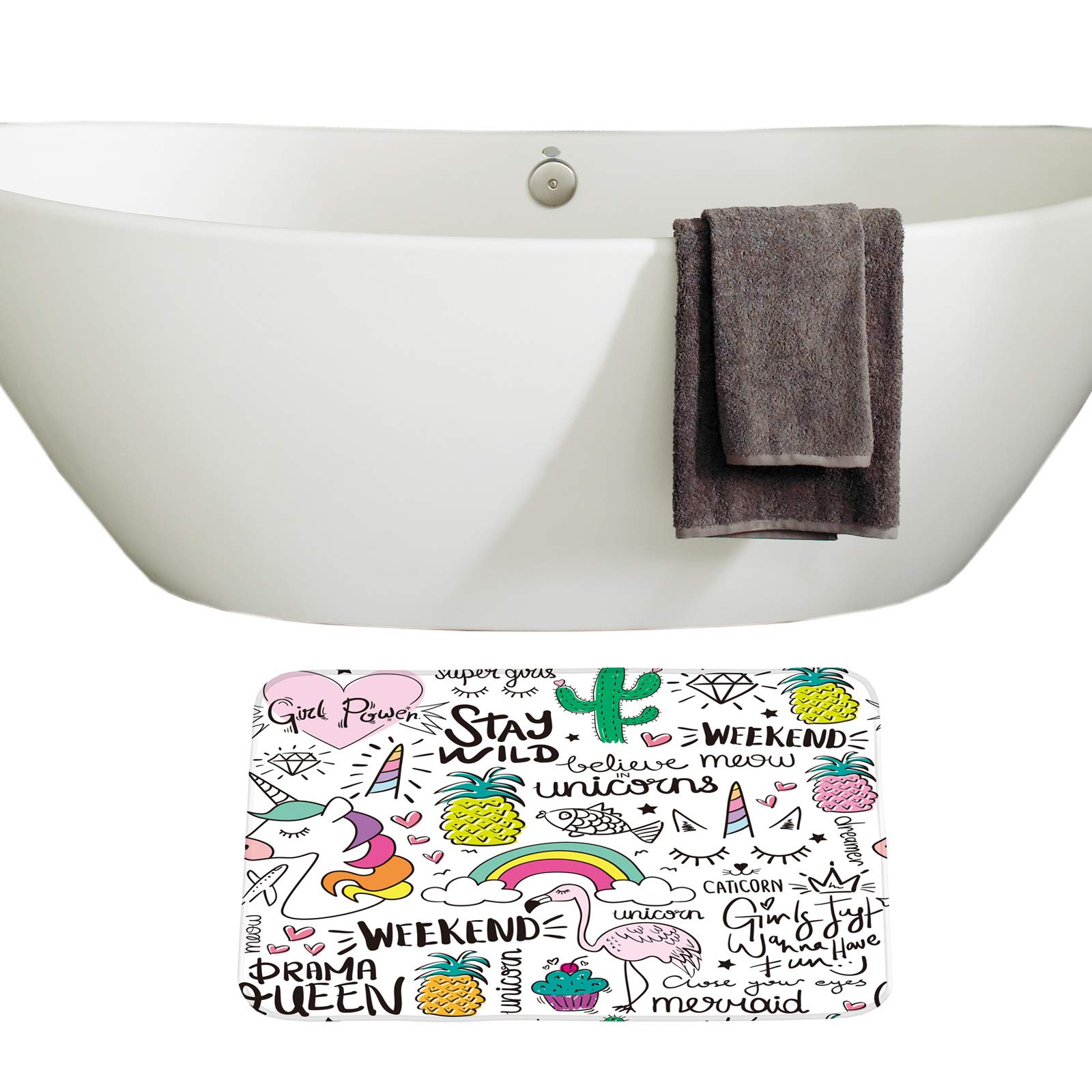 Non-Slip 3-Piece Bathroom Mat Set - Cute Unicorn, Ice Cream, Pineapple & Cherry Decor - Includes Bath Mat, Contour Mat & Toilet Cover | Soft, Absorbent & Waterproof for Kids & Teen Rooms