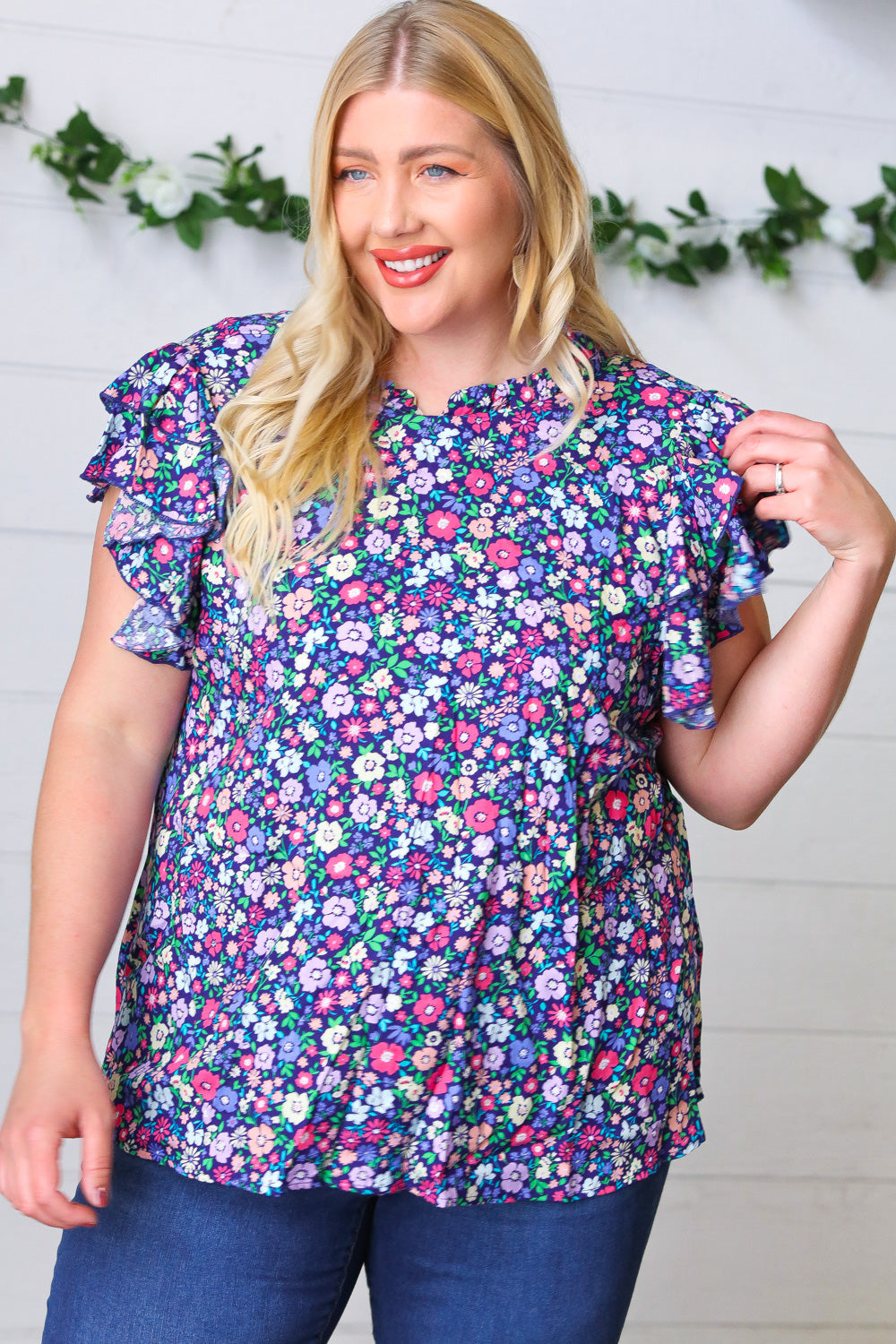 Navy Floral Print Mock Neck Flutter Sleeve Blouse for Women | Elegant Summer Tops for Office, Date Night & Casual Outings