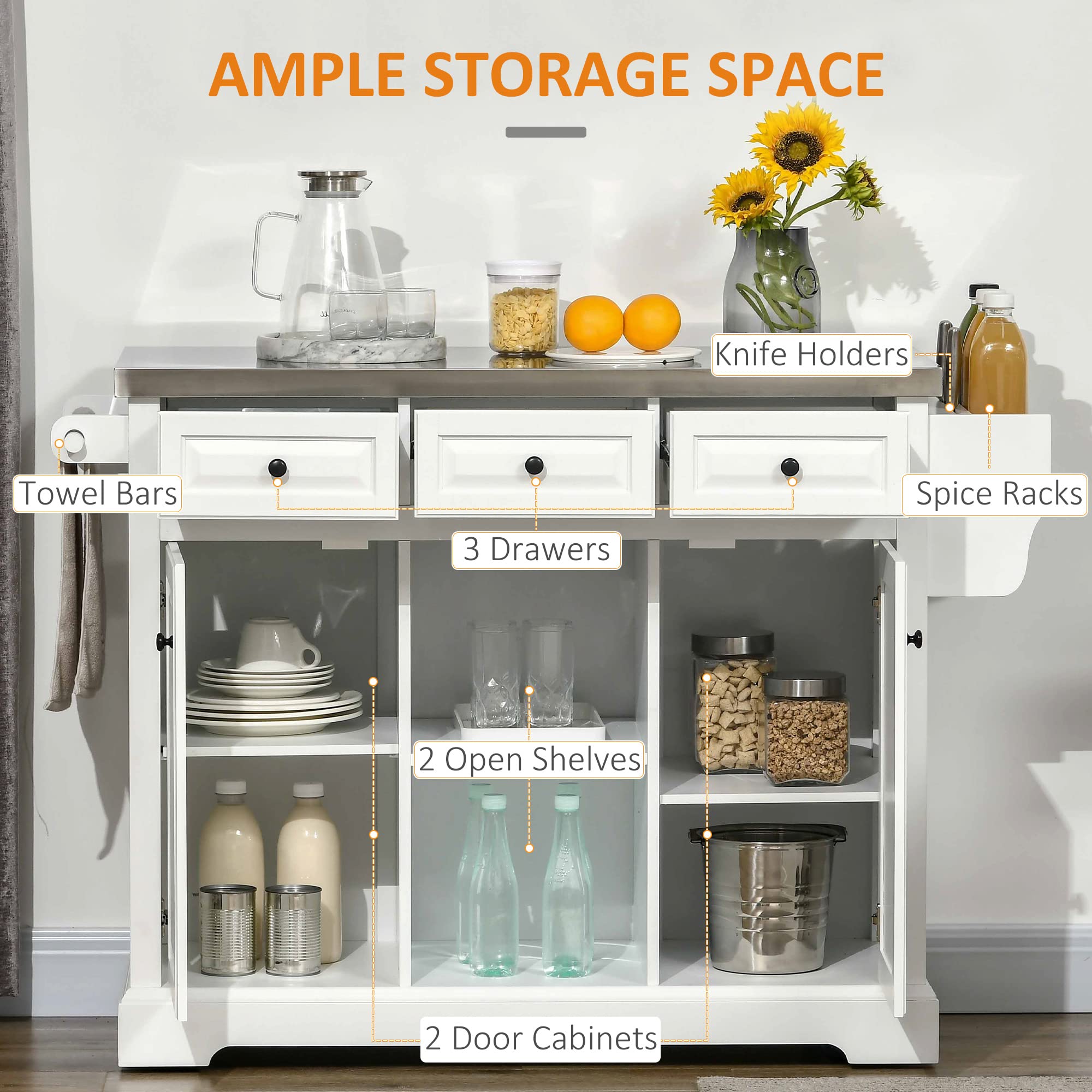 HOMCOM White Rolling Kitchen Island with Storage - Stainless Steel Top, Spice Rack & Drawers - Mobile Kitchen Cart for Small Spaces, Apartment Cooking & Extra Counter Space