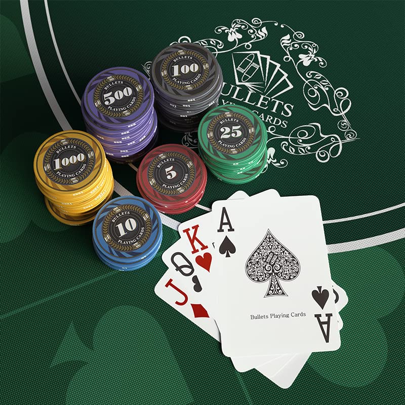 Bullet Playing Cards Poker Set with Case - 300 Ceramic Chips for Poker, Blackjack & Casino Games - Durable Complete Poker Chip Set with Denomination Values - Perfect for Home Games, Casino Nights & Poker Tournaments