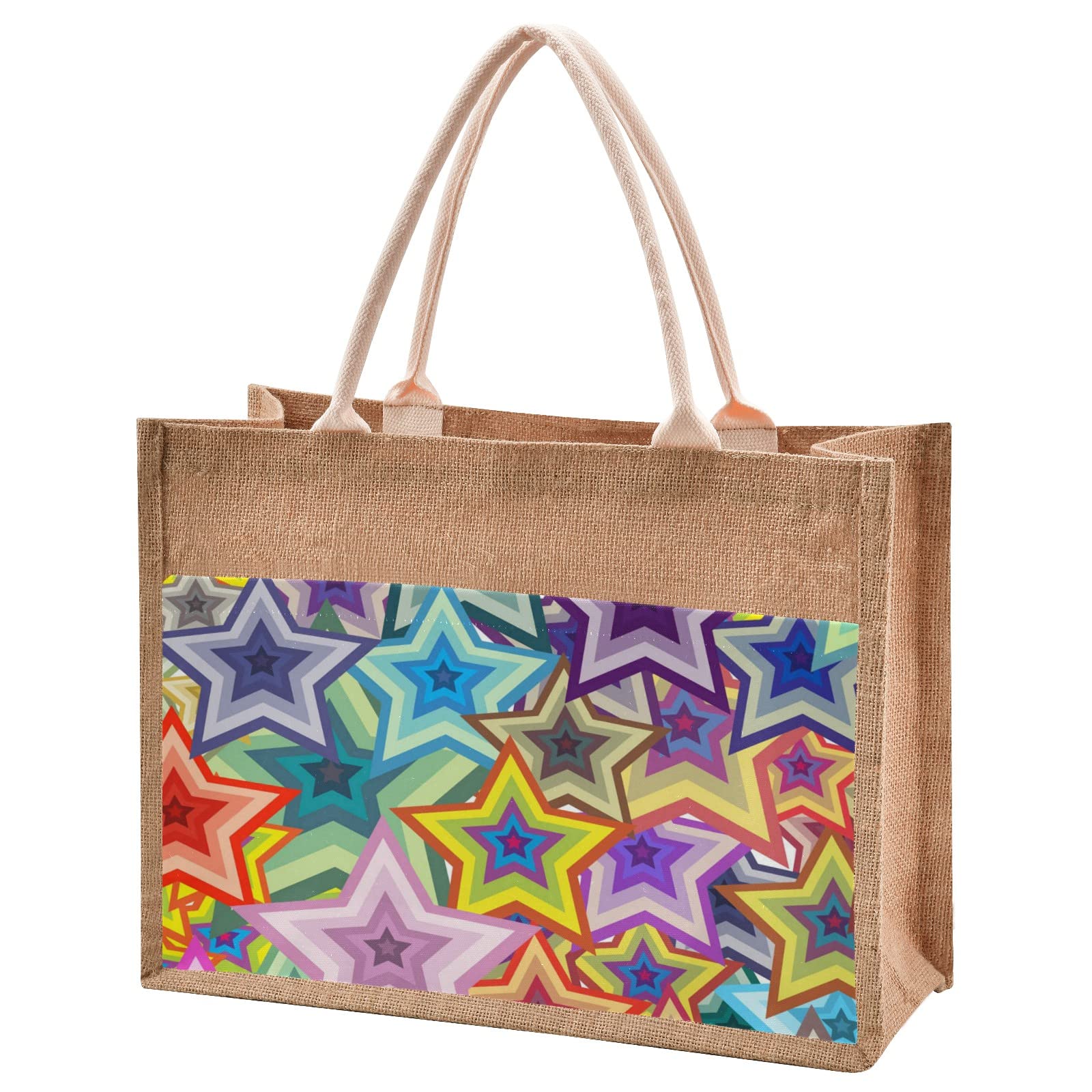 Eco-Friendly Colorful Stars Jute Tote Bag - Reusable Burlap Straw Beach Bag for Shopping, Groceries & Wedding Gifts | Perfect for Beach Outings, Farmers Markets & Sustainable Lifestyle