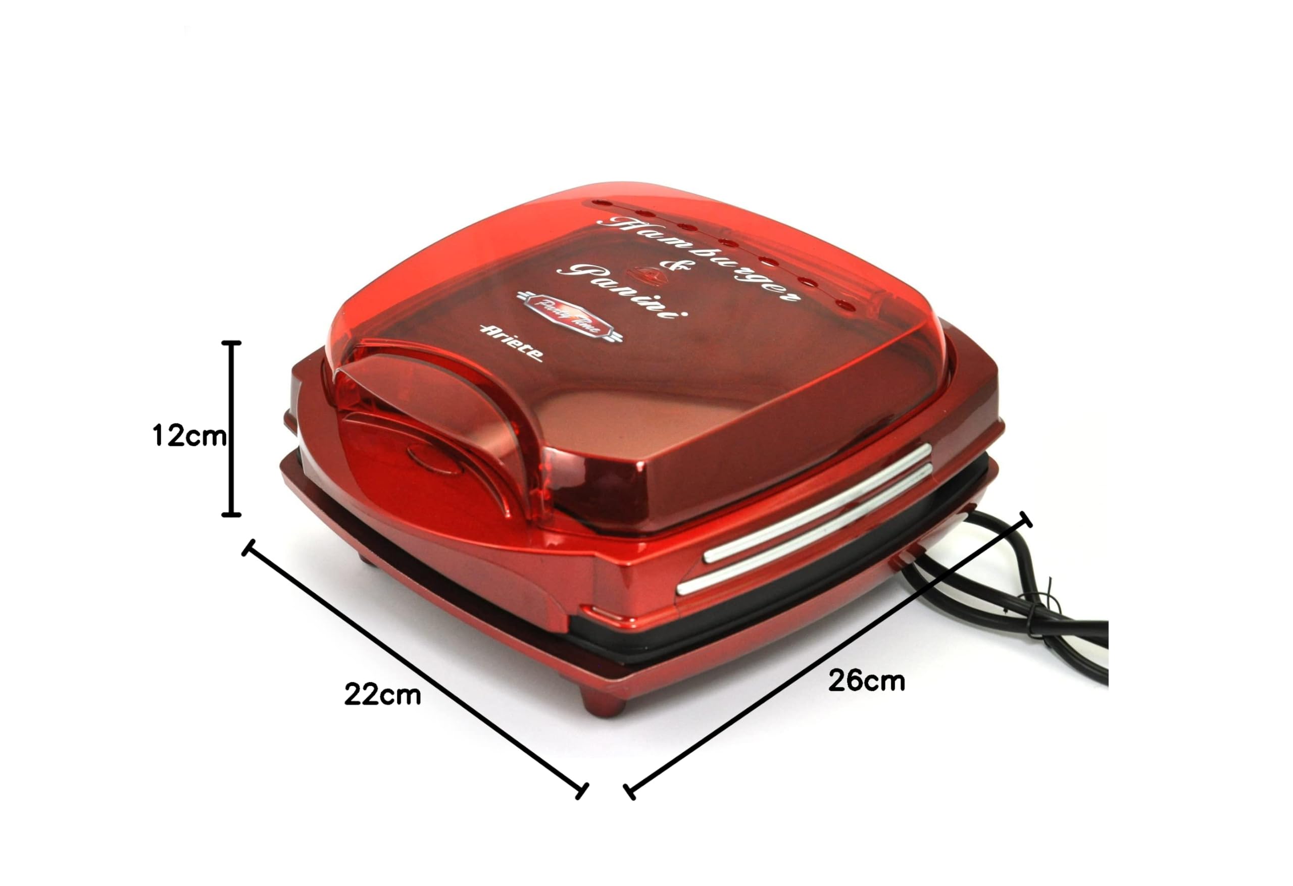 Ariete 185 Electric Hamburger Maker - Non-Stick Grill Plates, 1200W, Red - Perfect for Home BBQs, Parties & Quick Meals
