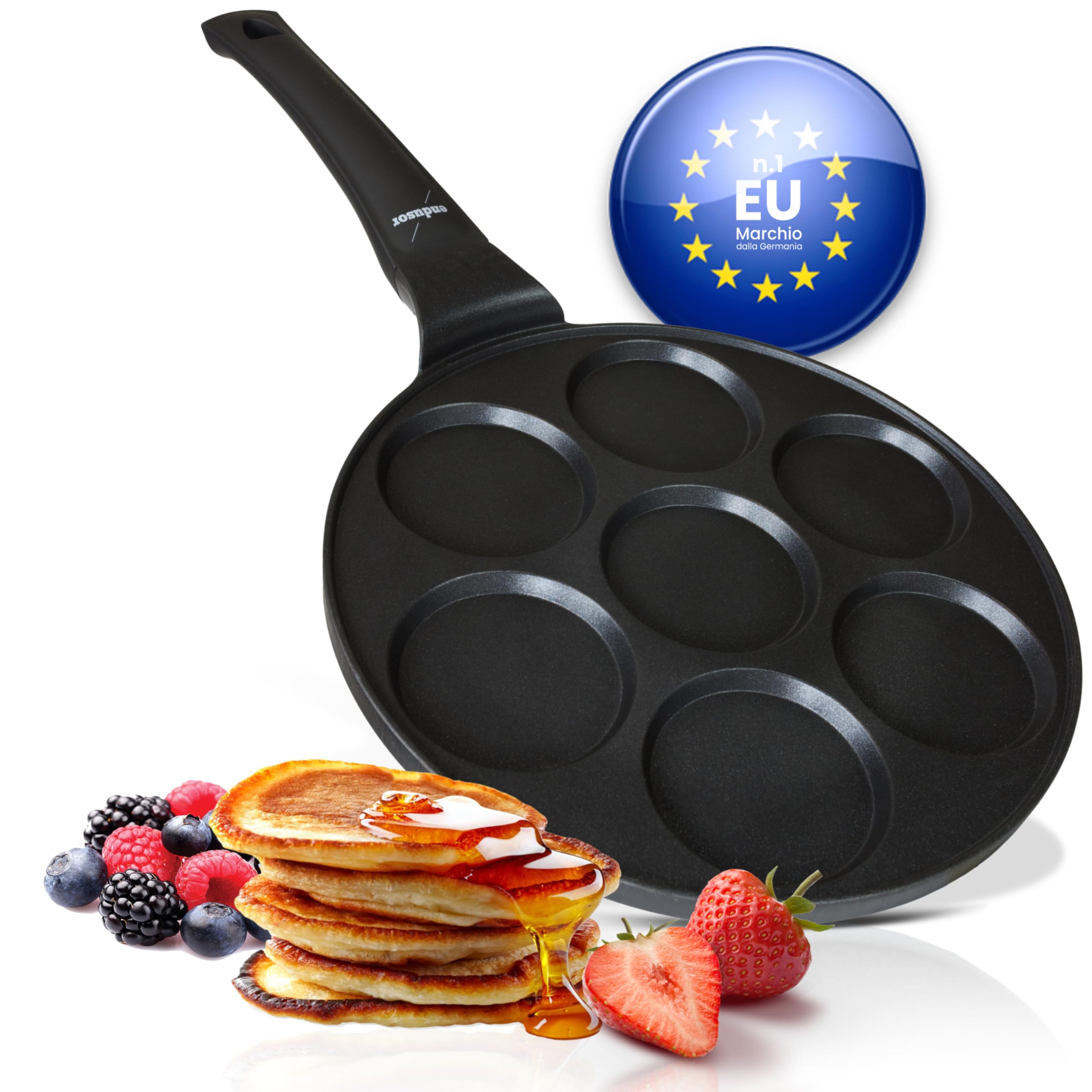 Endusor Non-Stick Induction Pancake Pan - 26cm Ø with 7 Molds for Pancakes, Fried Eggs, Omelets & Poffertjes | Compatible with Induction, Gas, Ceramic, Electric & Halogen Stoves | Perfect for Breakfast, Brunch & Family Cooking