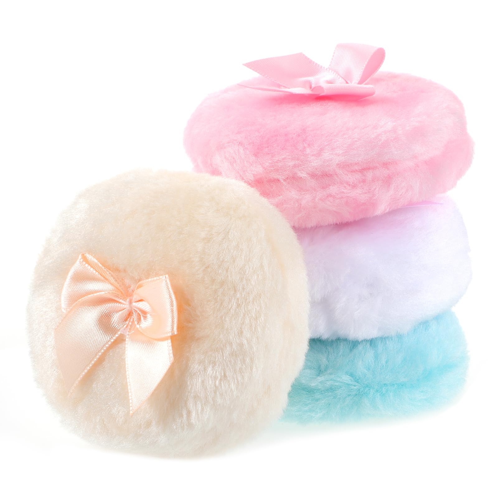 4-Pack Large Fluffy Powder Puffs (3.5 Inch) - Soft Washable Face & Body Makeup Puffs with Ribbon Bow Handle - Reusable Round Loose Powder Applicator for Kids & Adults (4 Colors) | Perfect for Setting Powder, Foundation & Body Makeup Application