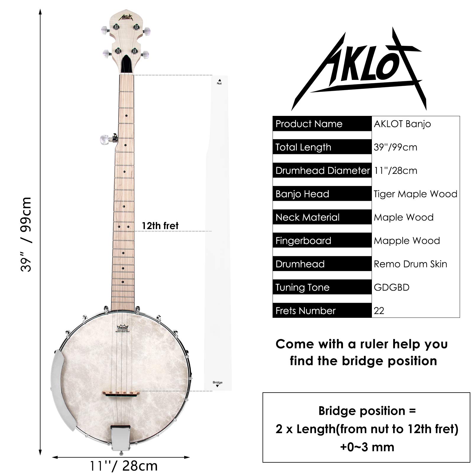 AKLOT 5-String Full Size Open Back Banjo - Professional Maple Body with Remo Head, Adjustable Neck - Includes 2 Tuning Wrenches, 4 Picks, Strings, Digital Tuner, Strap, Ruler & Cleaning Cloth with Gig Bag - Perfect for Beginners & Professionals - Ideal for Bluegrass, Folk Music & Live Performances