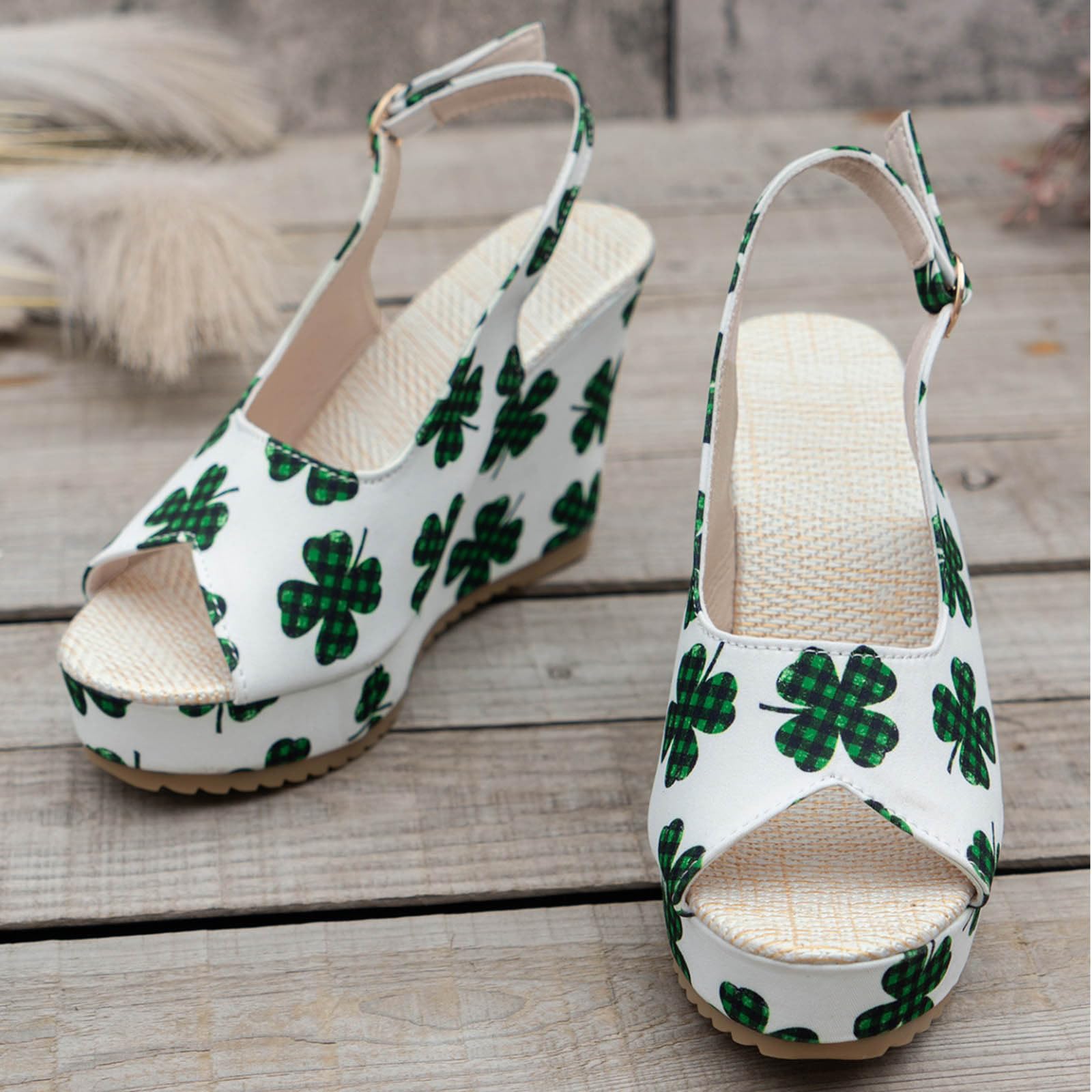 Oelaio Women's Comfortable Summer Sandals - Fish Mouth Print, Thick Sole, One-Line Buckle, Casual Wedge Sandals for Dress & Outdoors (Green, Size 37) | Perfect for Beach, Vacation, and Everyday Wear