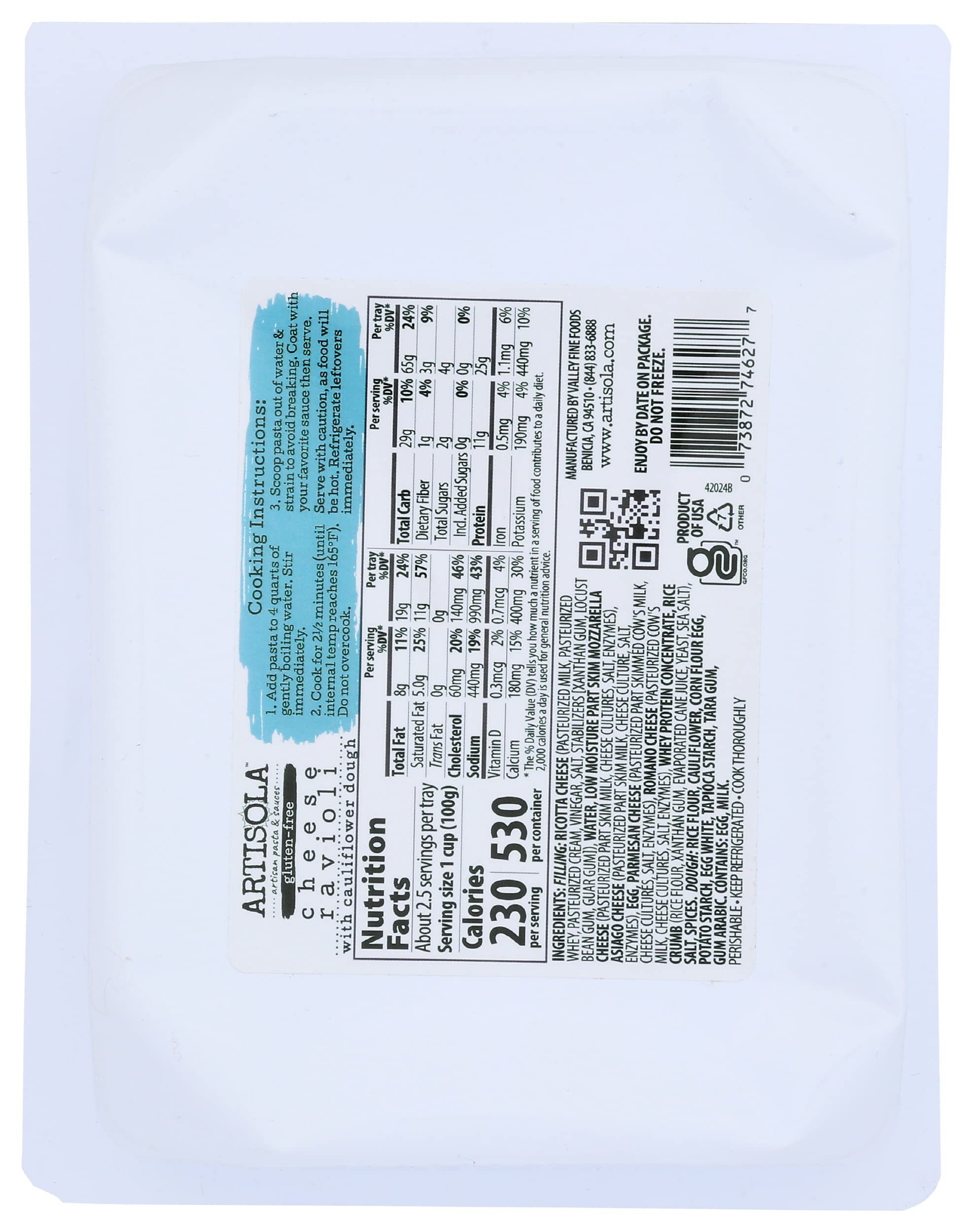 Artisola Low-Carb Cauliflower Dough Cheese Ravioli - 8oz | Keto-Friendly Pasta Alternative | Perfect for Healthy Dinners & Italian Cuisine Lovers