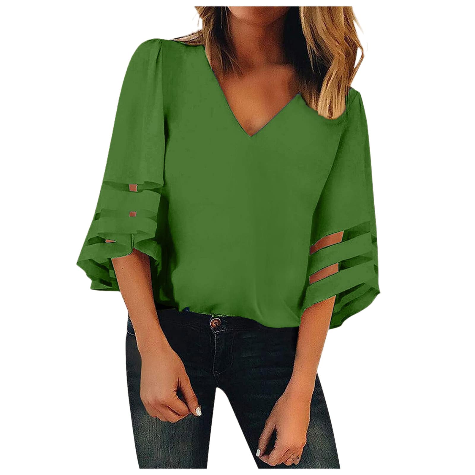 Women's V-Neck Loose Mesh Blouse with Trumpet Sleeves - Christmas Holiday Party Top, Casual Hoodie & Sweatshirt Alternative for Everyday Wear