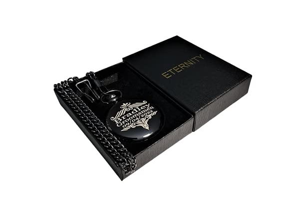 Personalized Vintage Engraved Pocket Watch with Green Dial & Roman Numerals - Includes Chain, Fitted Box & Custom Engraving - Perfect for Gifts, Weddings, and Antique Collectors (Black)