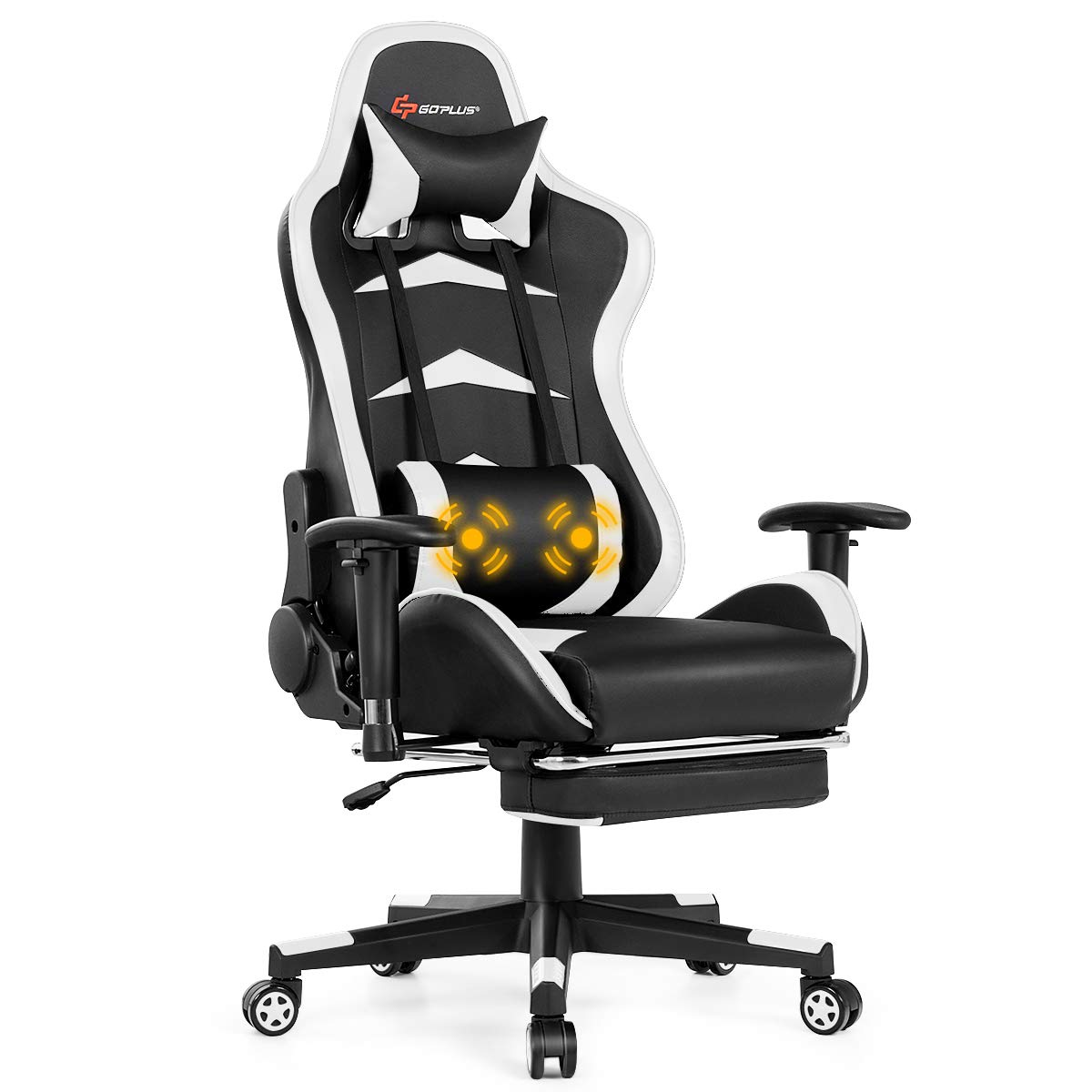 **POWERSTONE Ergonomic Gaming Chair with Adjustable Footrest & Lumbar Massage - Racing Style Computer Desk Chair for PC & Console Gamers - Reclining Office Chair with Headrest & Adjustable Armrests (Black & White) - Perfect for Long Gaming Sessions, Work from Home & Esports**