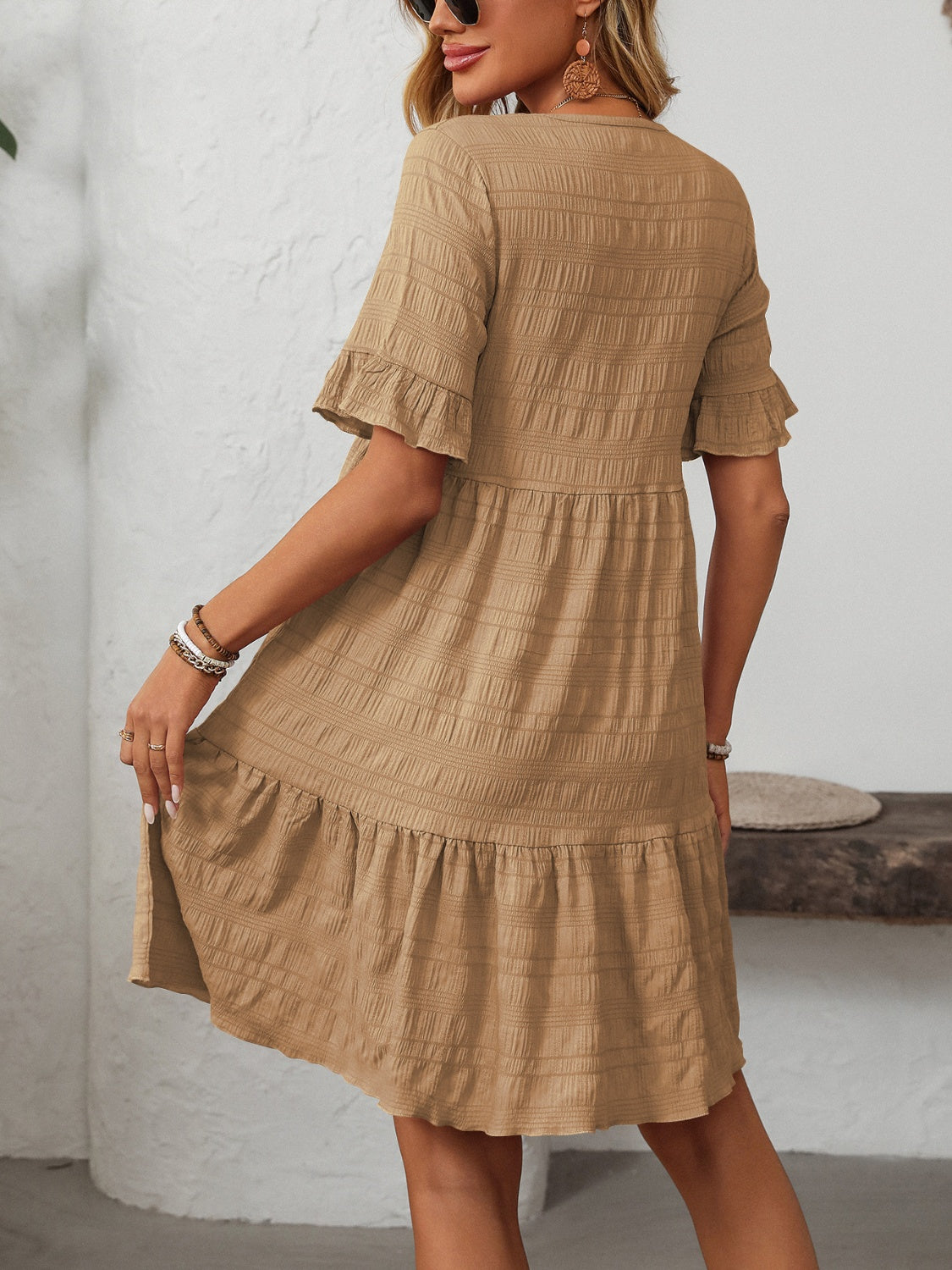 Mandy Women's Ruffled Ruched Round Neck Half Sleeve Flowy Dress for Casual Wear, Date Night & Summer Outfits