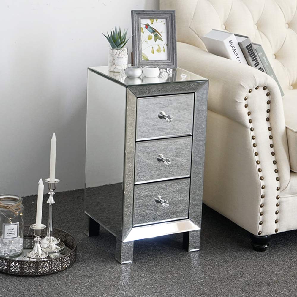 SSLine Modern 3-Drawer Mirrored End Table - Silver Finish Glass Nightstand & Bedside Dresser, Entryway Console Cabinet for Living Room, Bedroom & Hallway