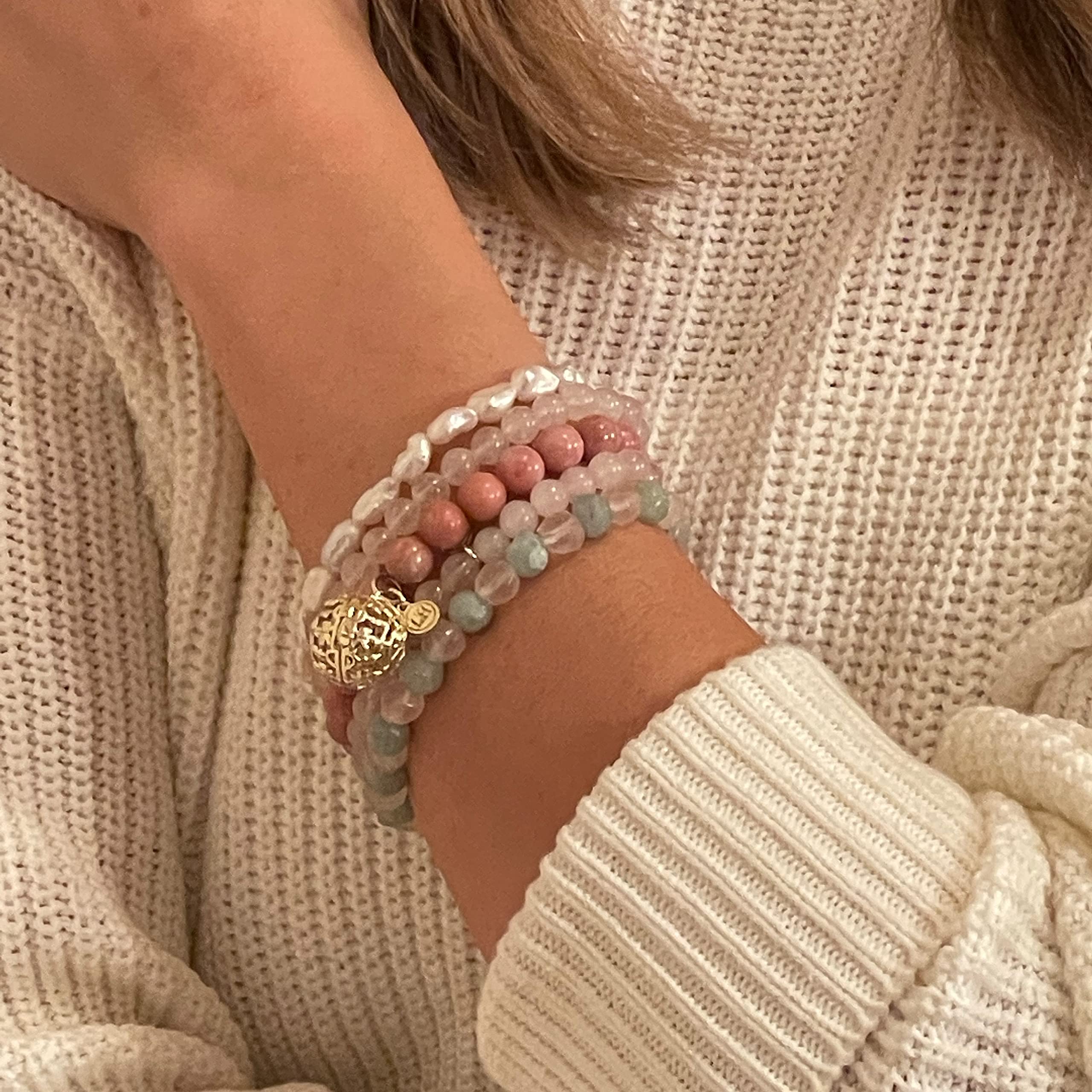 Lisa Hoffman Boho Beaded Bracelet Set for Women - 5 Stretch Floral Charm Bracelets with Genuine Faceted Gemstones & Fragrance Beads, Handmade Jewelry Gift Set (3 Scents) | Perfect for Boho Fashion, Layered Bracelet Stacks, and Everyday Wear