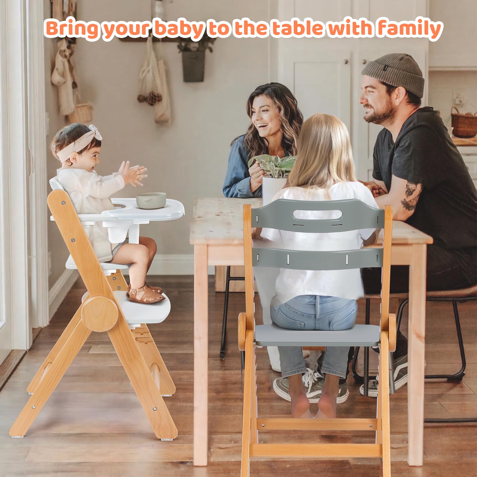 Ezebaby Adjustable Wooden High Chair for Babies & Toddlers - Foldable, Convertible with Cushion & Double Layer Tray - White - Perfect for Dining, Feeding & Learning at Home