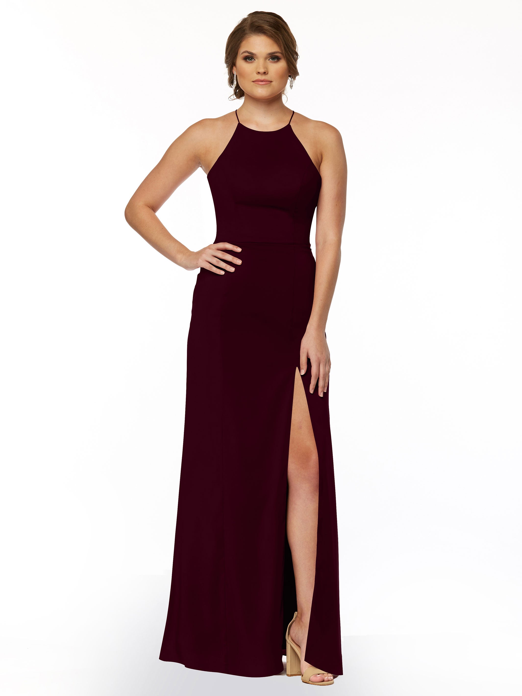 Elegant 83026 Sheath Stretch Chiffon Bridesmaid Dress with Halter Neckline & High Slit - Perfect for Weddings, Formal Events & Evening Parties