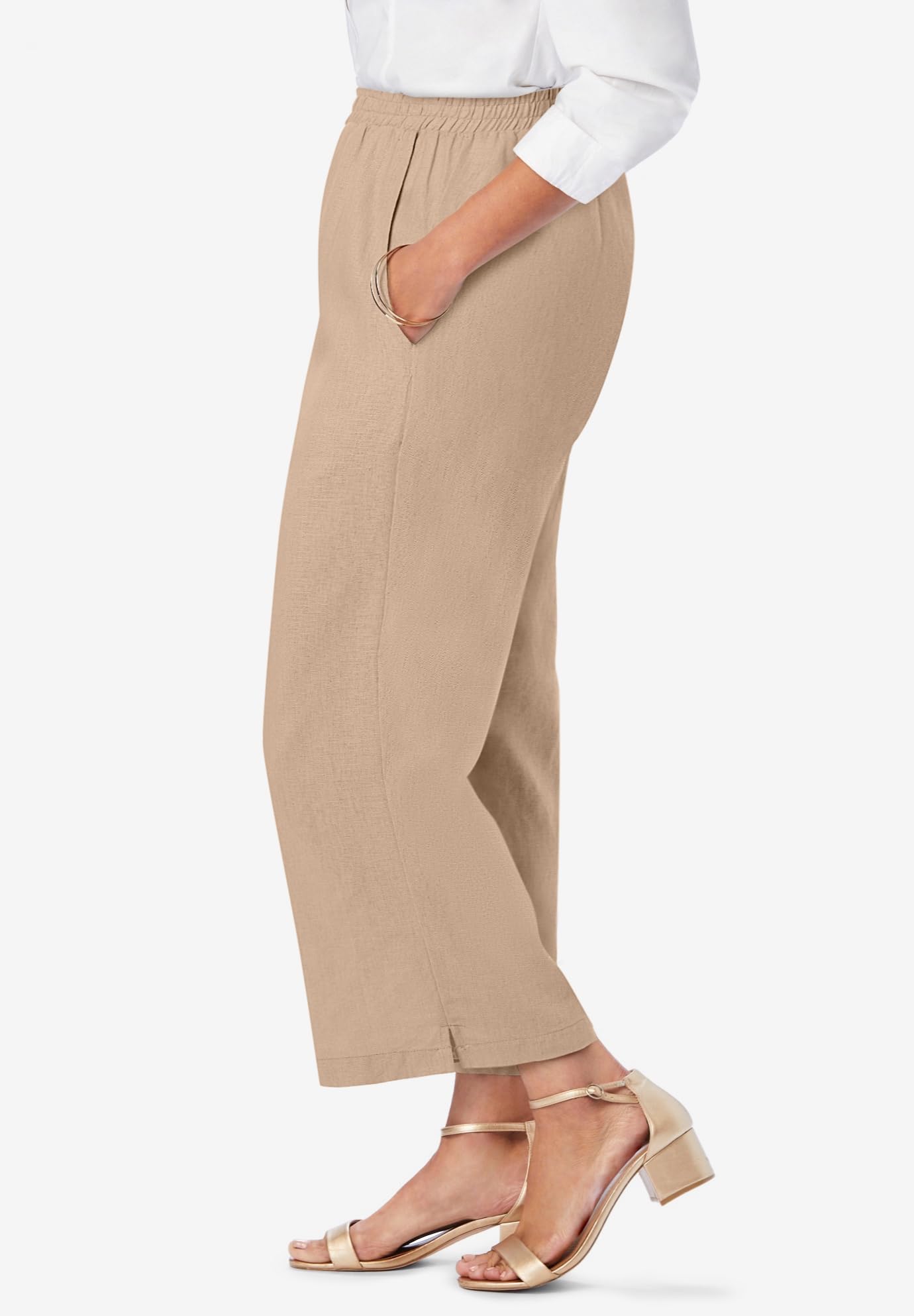 Jessica London Women's Plus Size Wide Leg Linen Crop Pants - Elastic Waist Comfort Fit for Summer - Perfect for Casual Outings, Beach Vacations & Office Wear