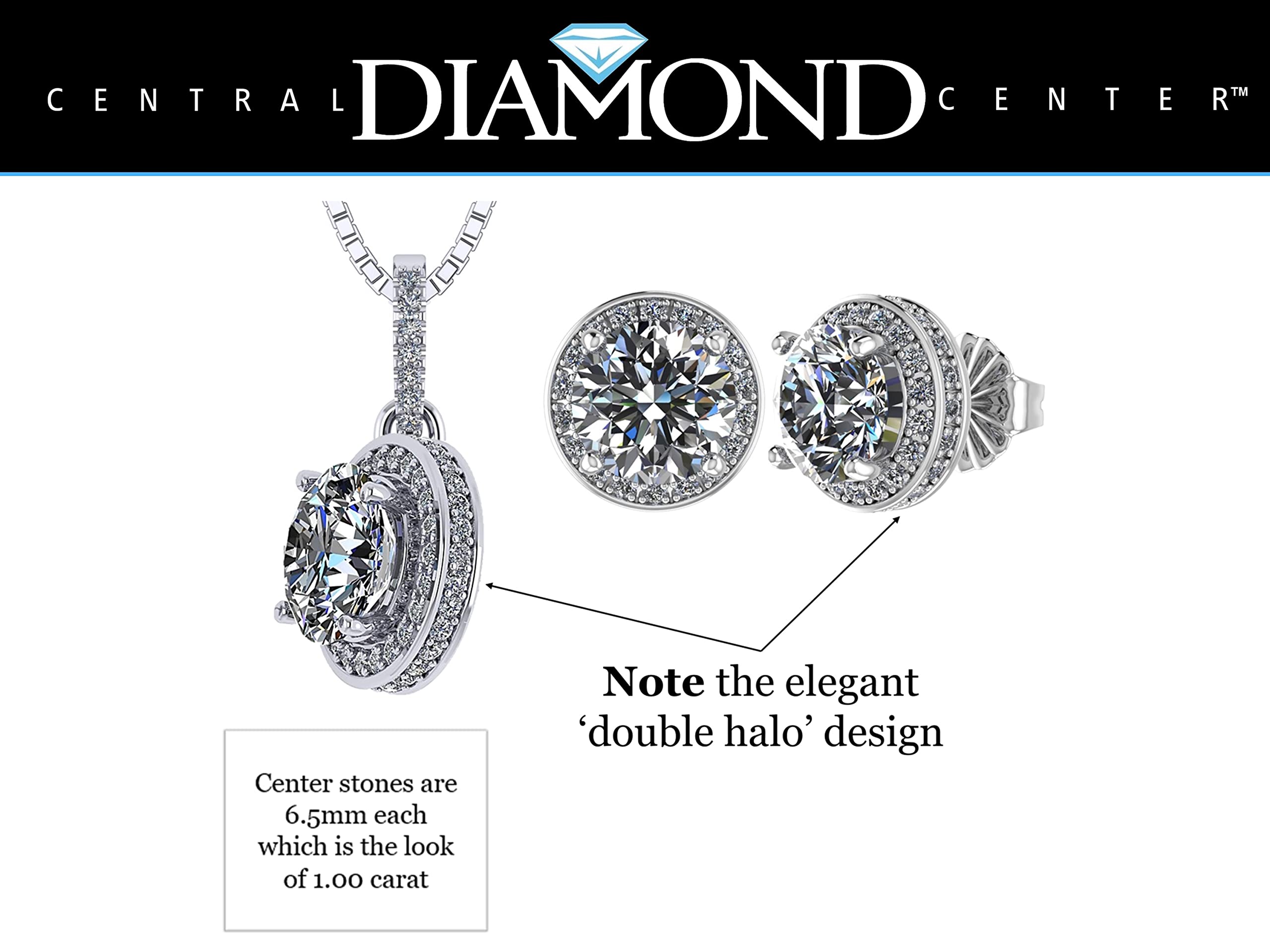 Central Diamond Round Halo Stud Earrings & Pendant Necklace Set with 6.5mm Simulated Birthstones in 925 Sterling Silver, Hypoallergenic Jewelry for Women - Perfect Gift for Birthday, Anniversary & Special Occasions