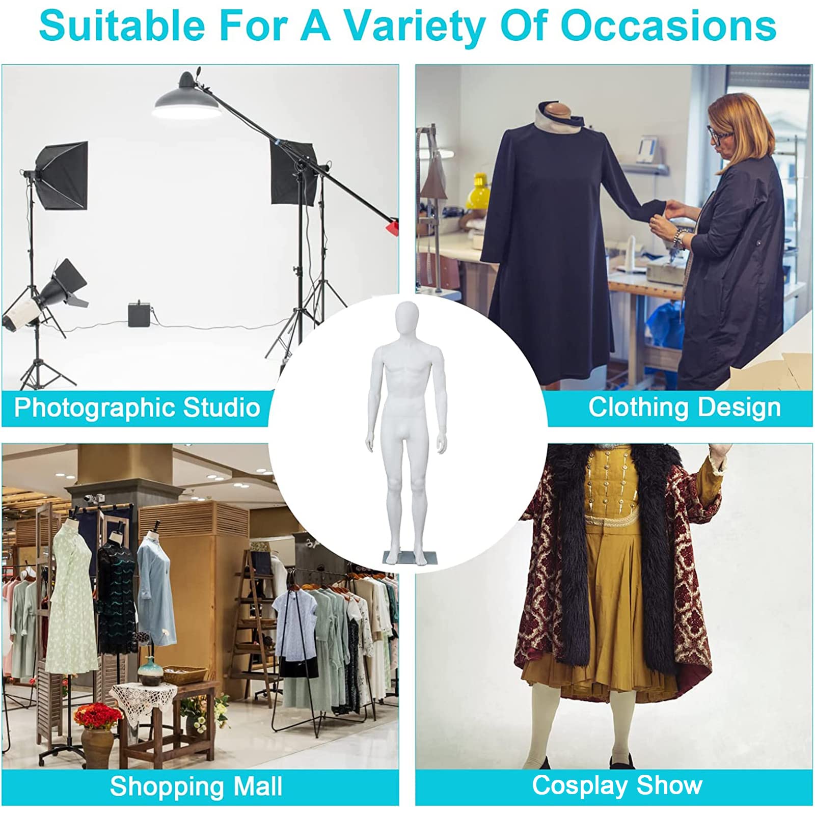 6 FT Male Mannequin with Adjustable Stand & Metal Base - Full Body Posable Dress Form for Window Display, Retail Store, Fashion Show & Photography (White)