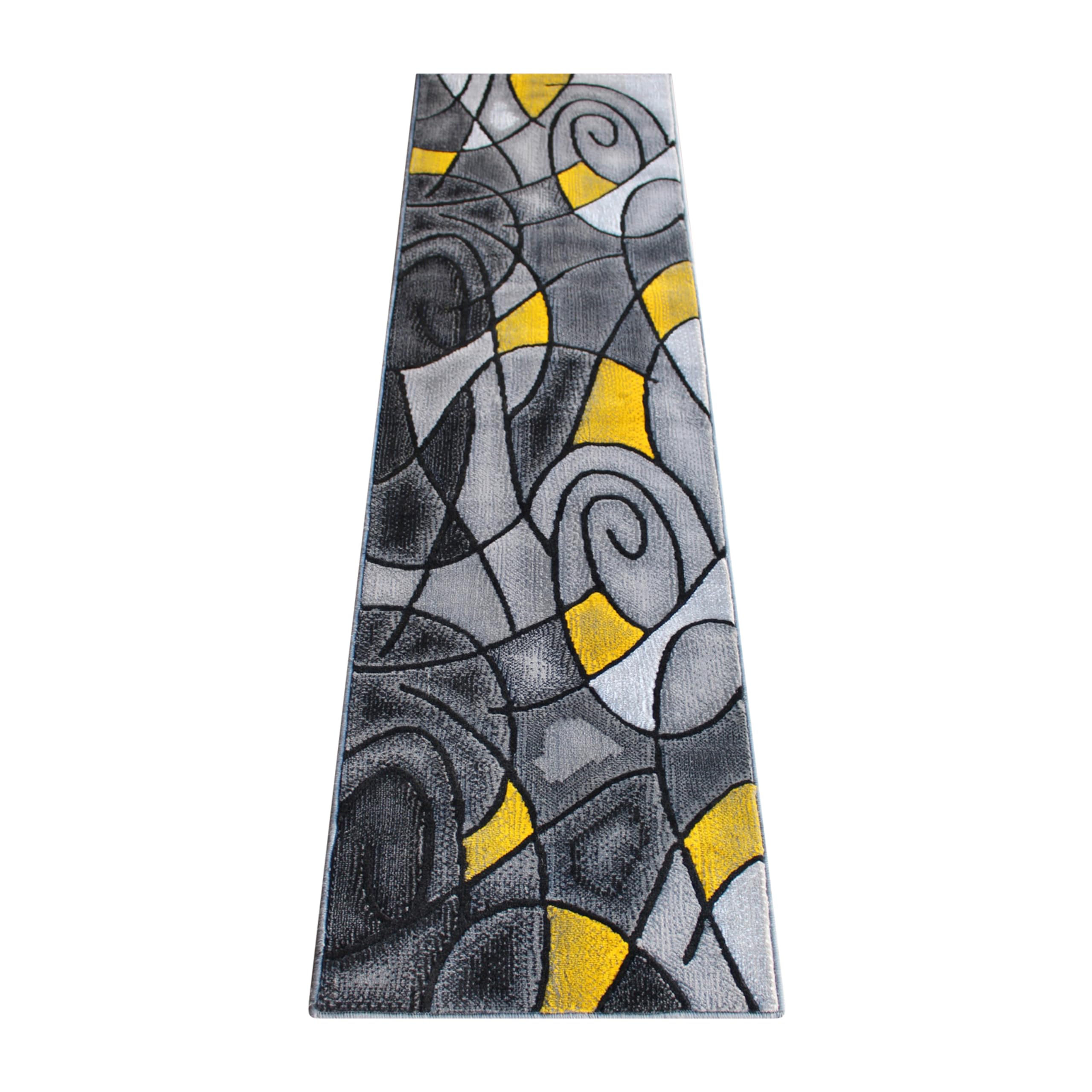 EMMA + OLIVER Urbane Plush Olefin Accent Runner Rug - 2x7 Feet Abstract Geometric Pattern with Gray Gradient & Yellow Accents - Moisture & Stain Resistant Indoor Runner - Perfect for Hallway, Entryway or Living Room Decor