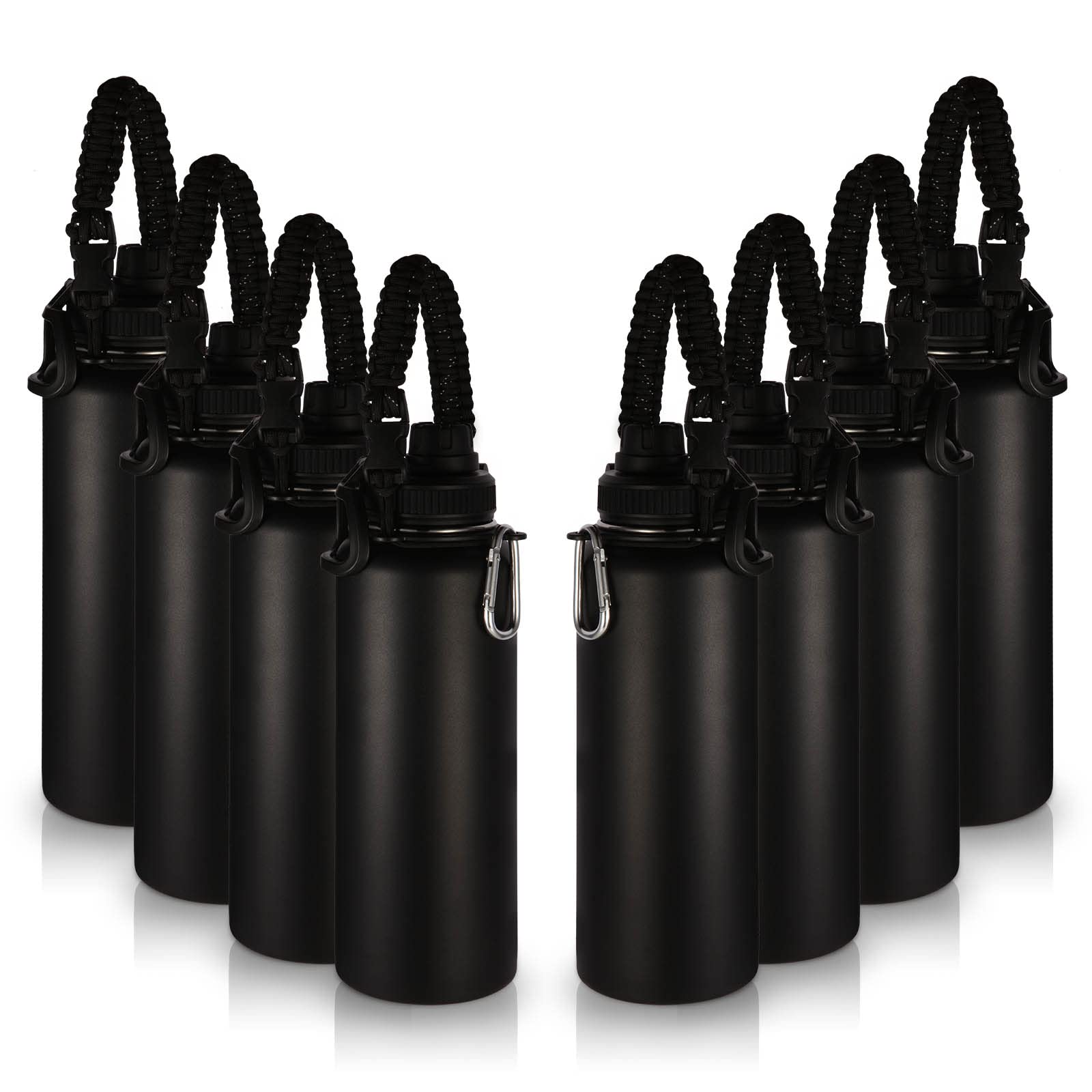 Volhoply 8 Pack Insulated Stainless Steel Water Bottles - 40 oz Double Wall Vacuum Thermos with Paracord Handle & Spout Lid, Wide Mouth Reusable Metal Water Jug for Adults (Black) - Perfect for Camping, Hiking, Gym & Outdoor Activities