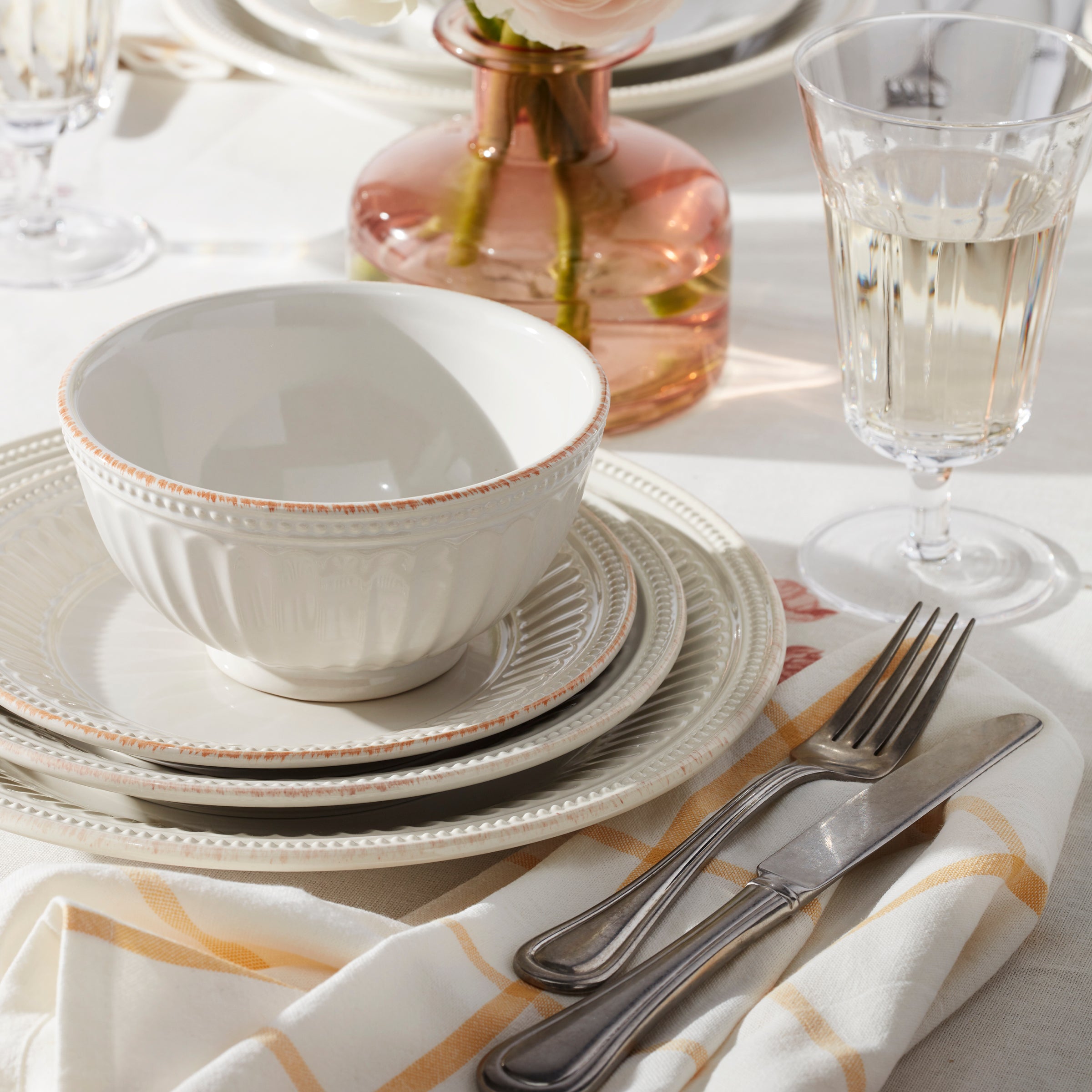 French Pearl Groove 12-Piece Dinnerware Set - Elegant Tableware for Formal Dining, Dinner Parties & Special Occasions