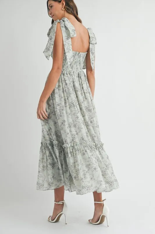 Floral Print Ruched Midi Summer Dress with Shoulder Tie - Women's Elegant Party & Beach Vacation Outfit