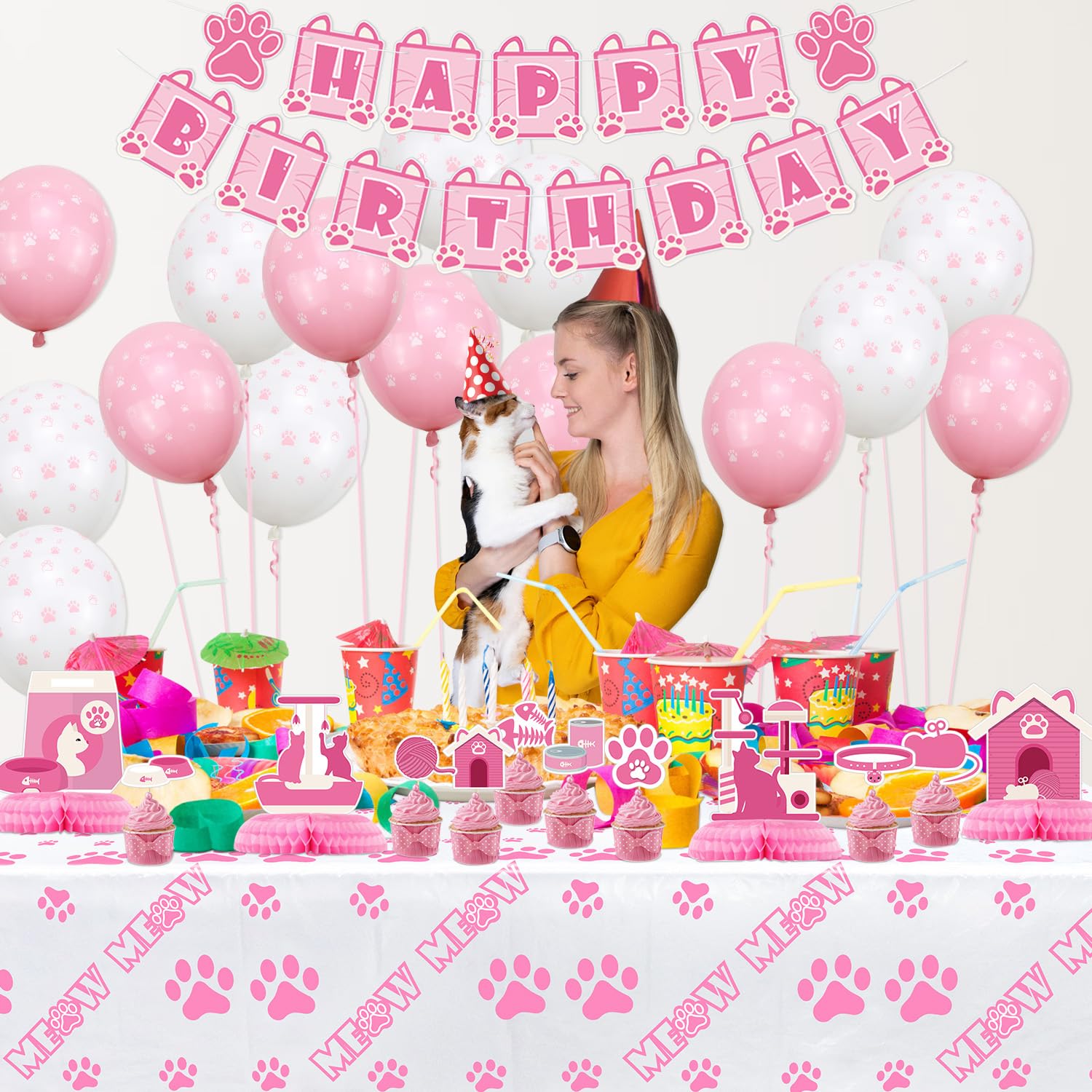 Cat Birthday Party Decorations Set - Pink Cat Banner, Honeycomb Centerpieces, Paw Balloons & Tablecloth for Kids & Cat Lovers | Perfect for Birthday Parties, Baby Showers & Themed Events