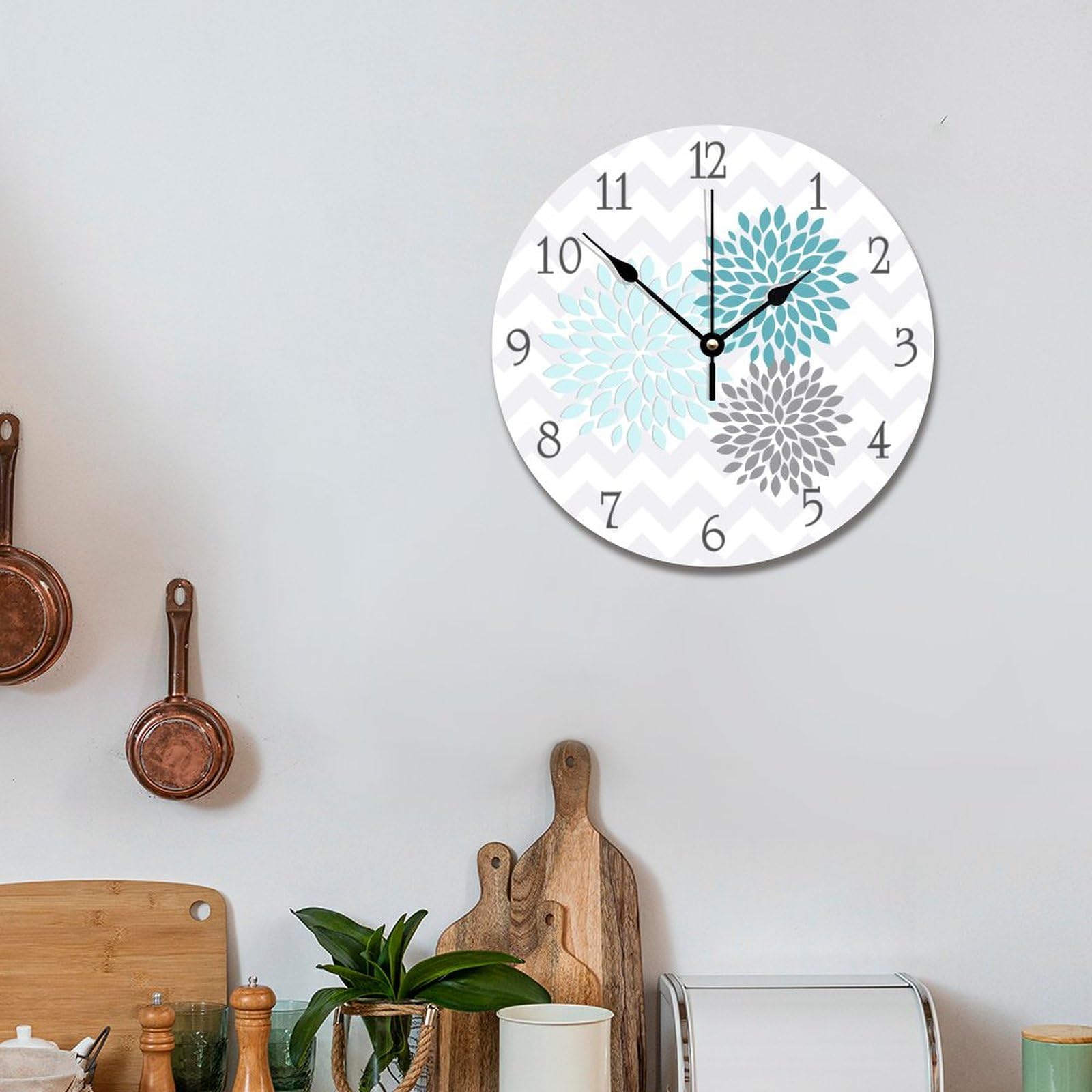 ArogGeld Silent Non-Ticking Wooden Wall Clock - Teal, Aqua & Grey Dahlia Flower Design | Battery Operated, Easy to Read | Perfect for Nursery, Kids Room, Office & Home Decor | Ideal Housewarming Gift