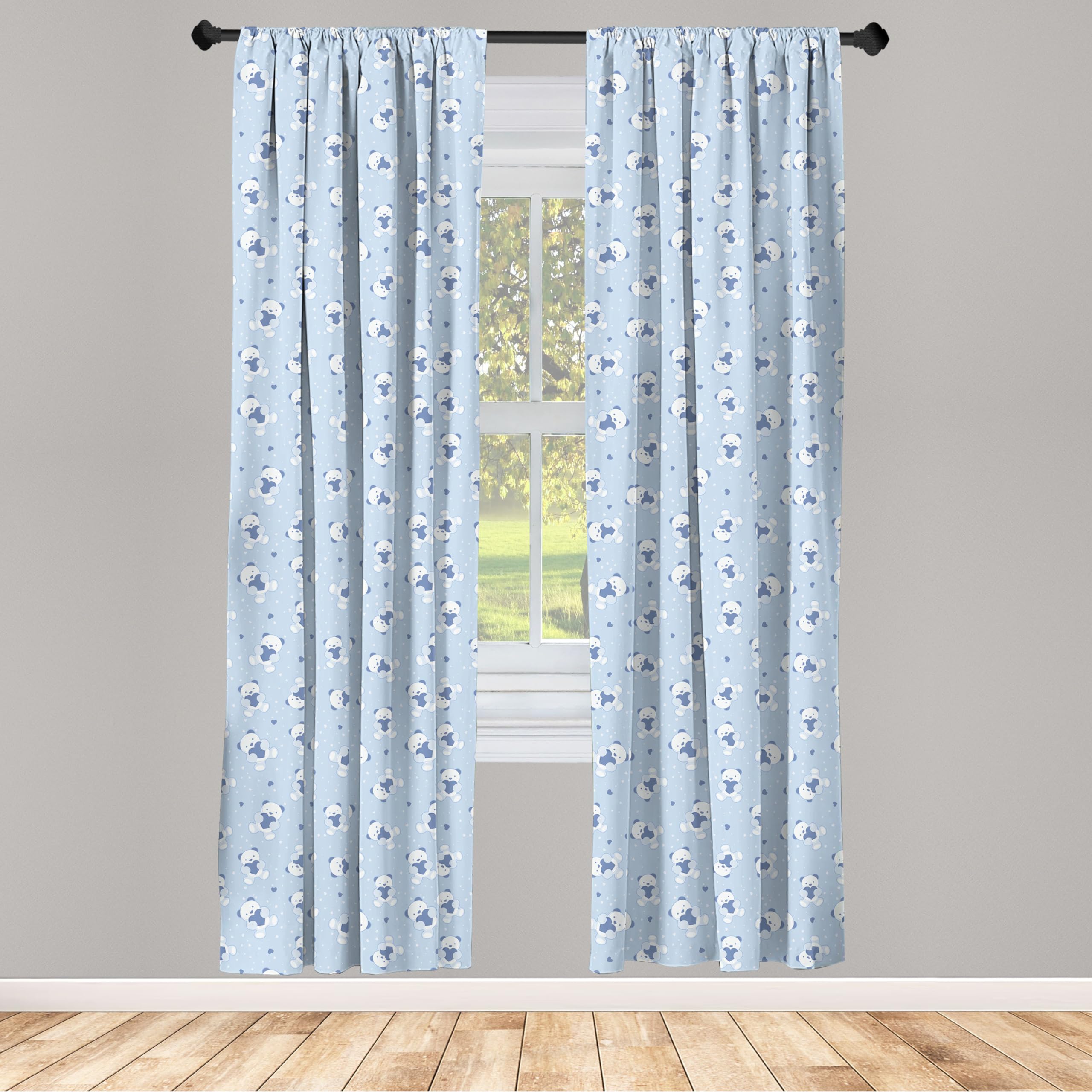Ambesonne Cartoon Teddy Bears Blue Backdrop Holding Hearts Theme - 2 Panel Window Curtains Set 28