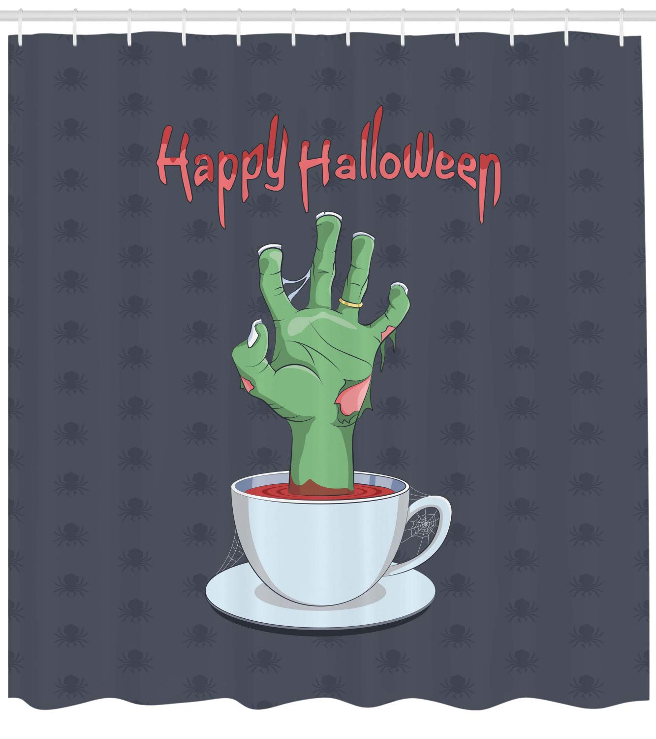 Ambesonne Halloween Shower Curtain - Zombie Hand in Bloody Tea Cup with Happy Halloween Lettering & Spiders, 69x75 Inch Grey Pale Rust Green Bathroom Decor - Perfect for Spooky Halloween Bathroom Makeover & Themed Parties