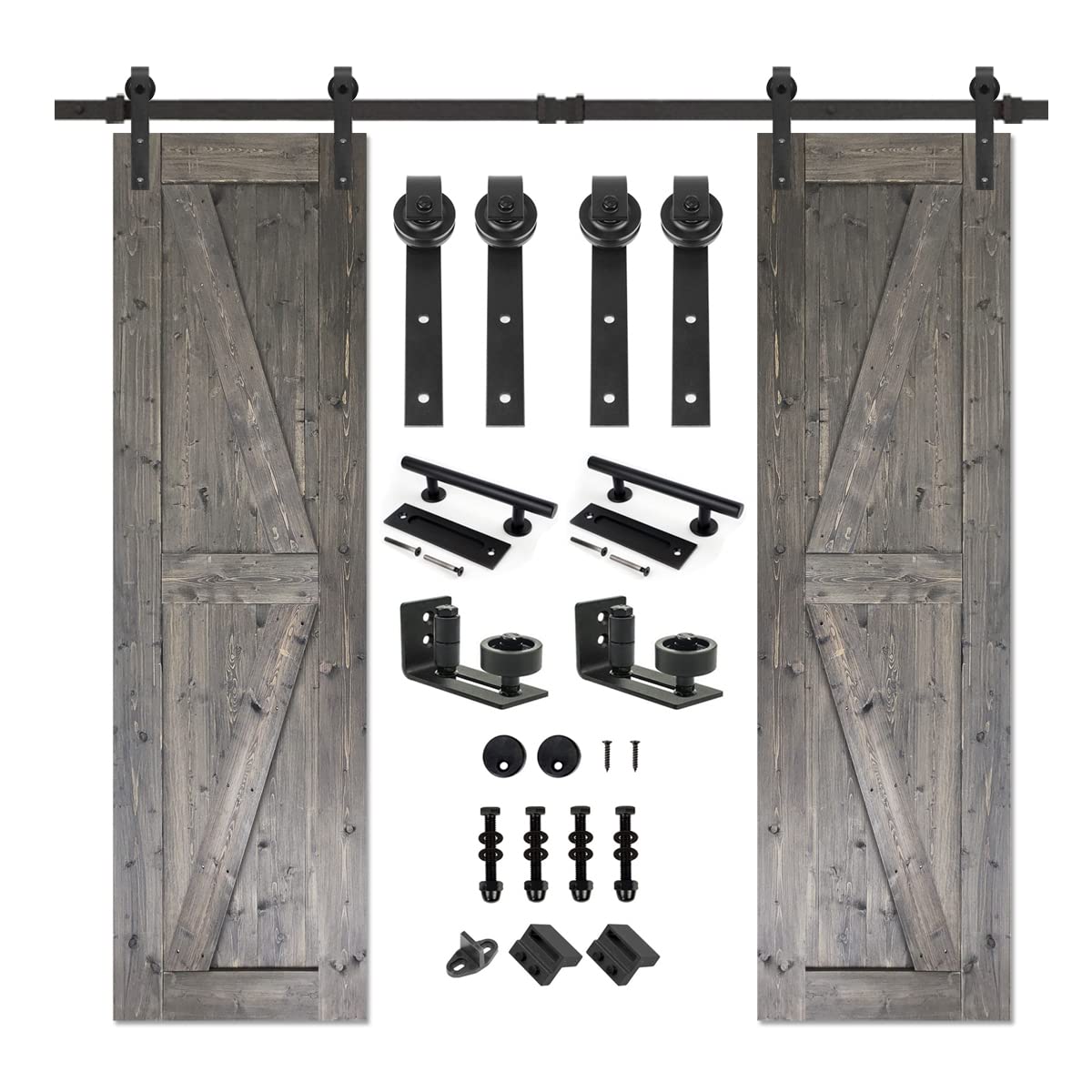 TOPHAND® 24x84 Inch Double Medium Gray British Brace Knotty Barn Door with 8FT Sliding Hardware Kit - Solid Wood Double-Sided Handle for Easy DIY Installation | Perfect for Bedroom, Closet, or Farmhouse Style Home Decor