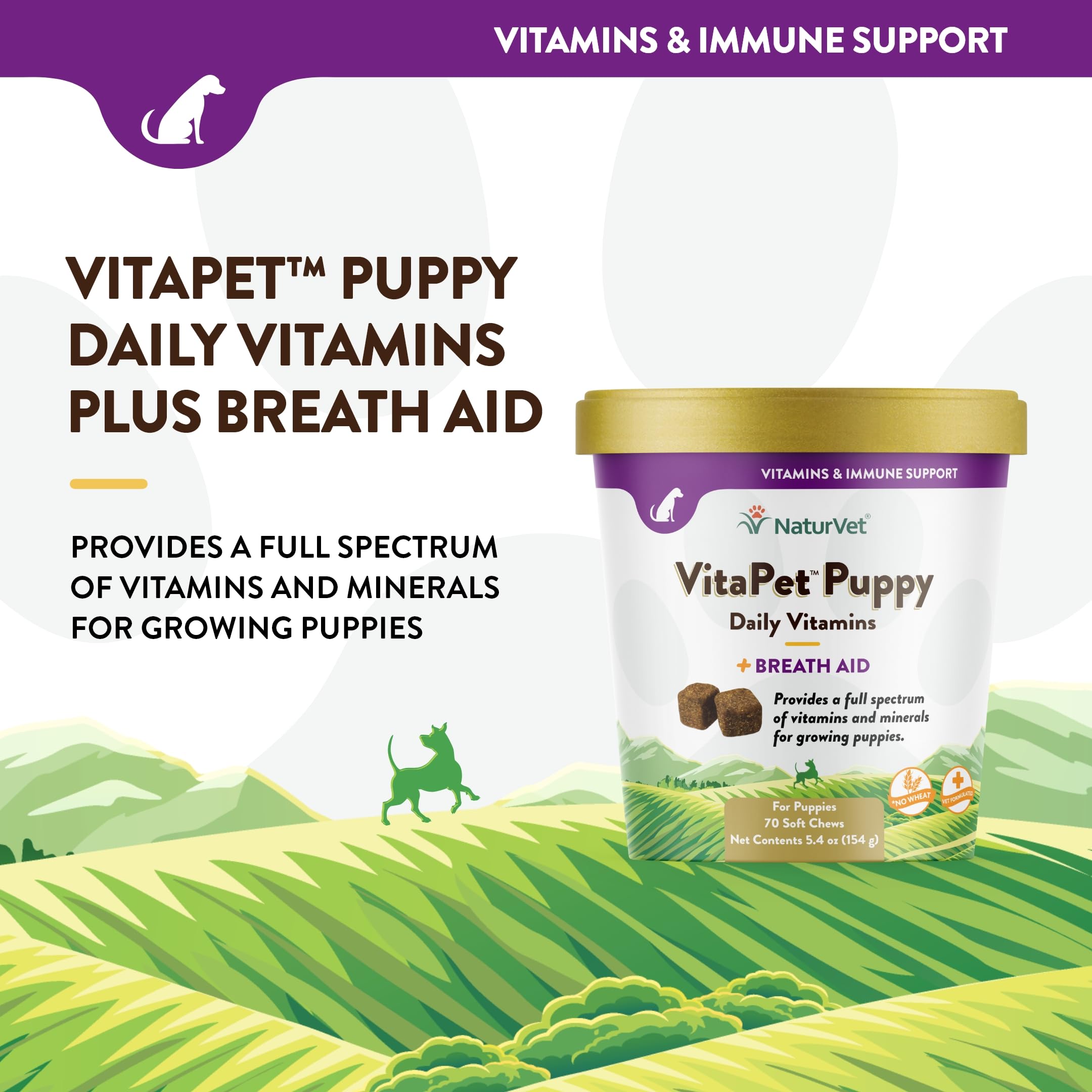 NaturVet VitaPet Puppy Daily Vitamins for Dogs with Breath Aid - Essential Vitamins, Minerals, Amino & Fatty Acids - 70 Soft Chews for Puppy Health & Fresh Breath - Perfect for Growing Puppies & Daily Nutrition Support
