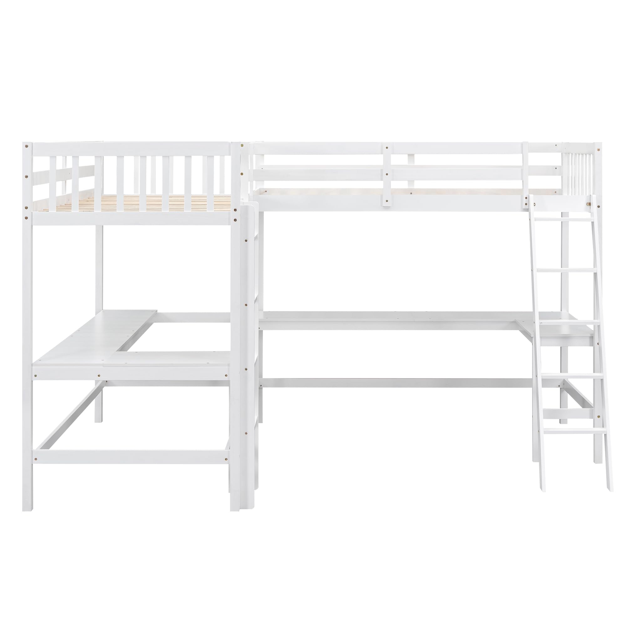 Merax White Wood Twin Size L-Shaped Loft Bed with Ladder & 2 Built-in Desks - Space Saving Bunk Bed for Kids & Teens - Perfect for Small Bedrooms, Dorms & Studio Apartments
